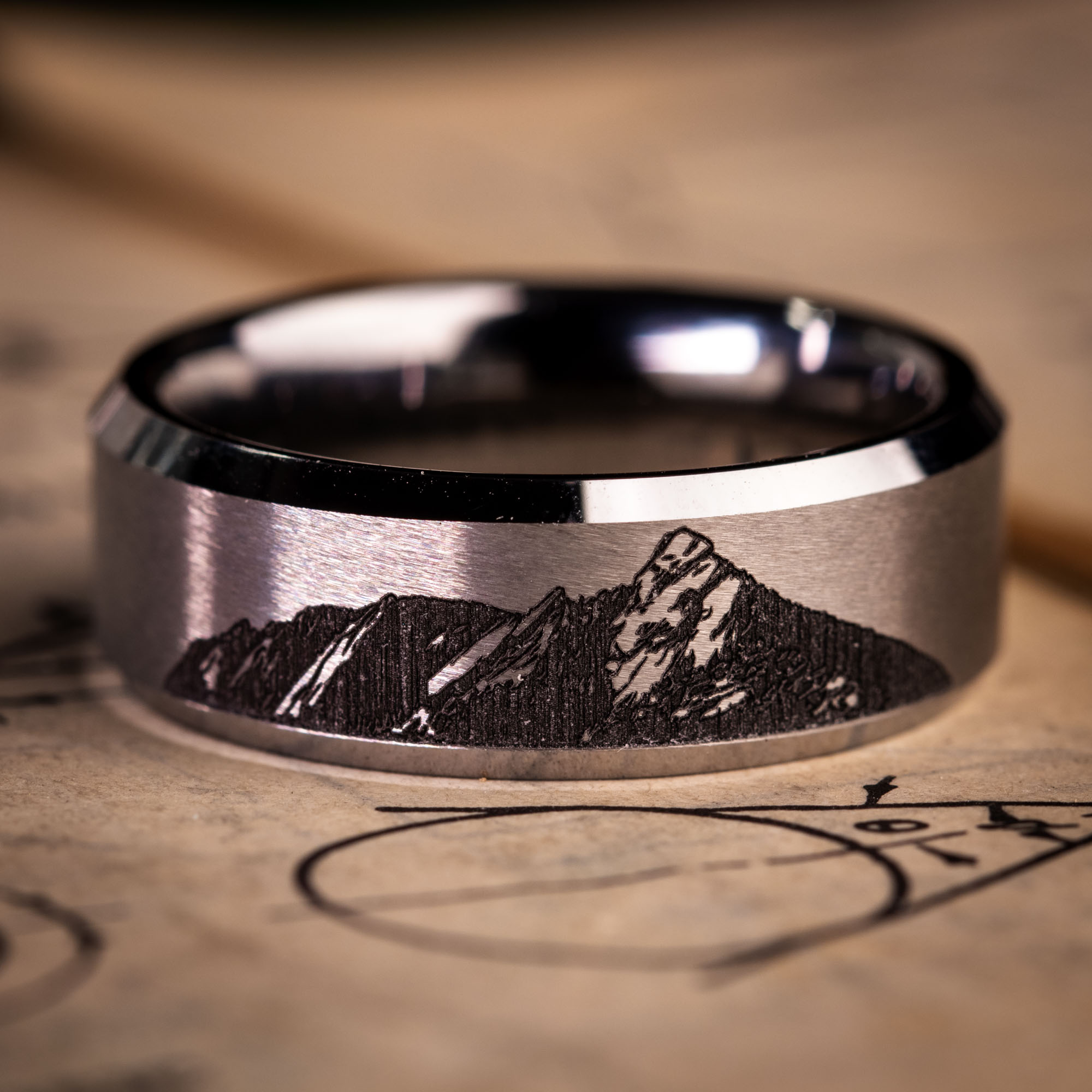 Beveled Tungsten Engraved Boulder Flatirons Ring