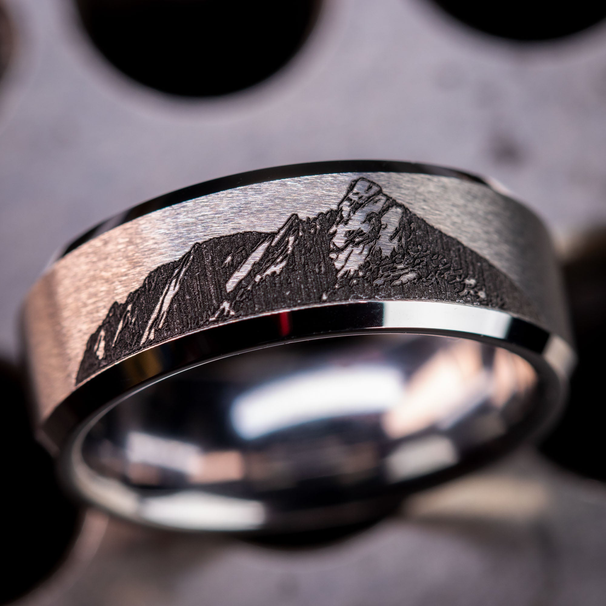 Beveled Tungsten Engraved Boulder Flatirons Ring