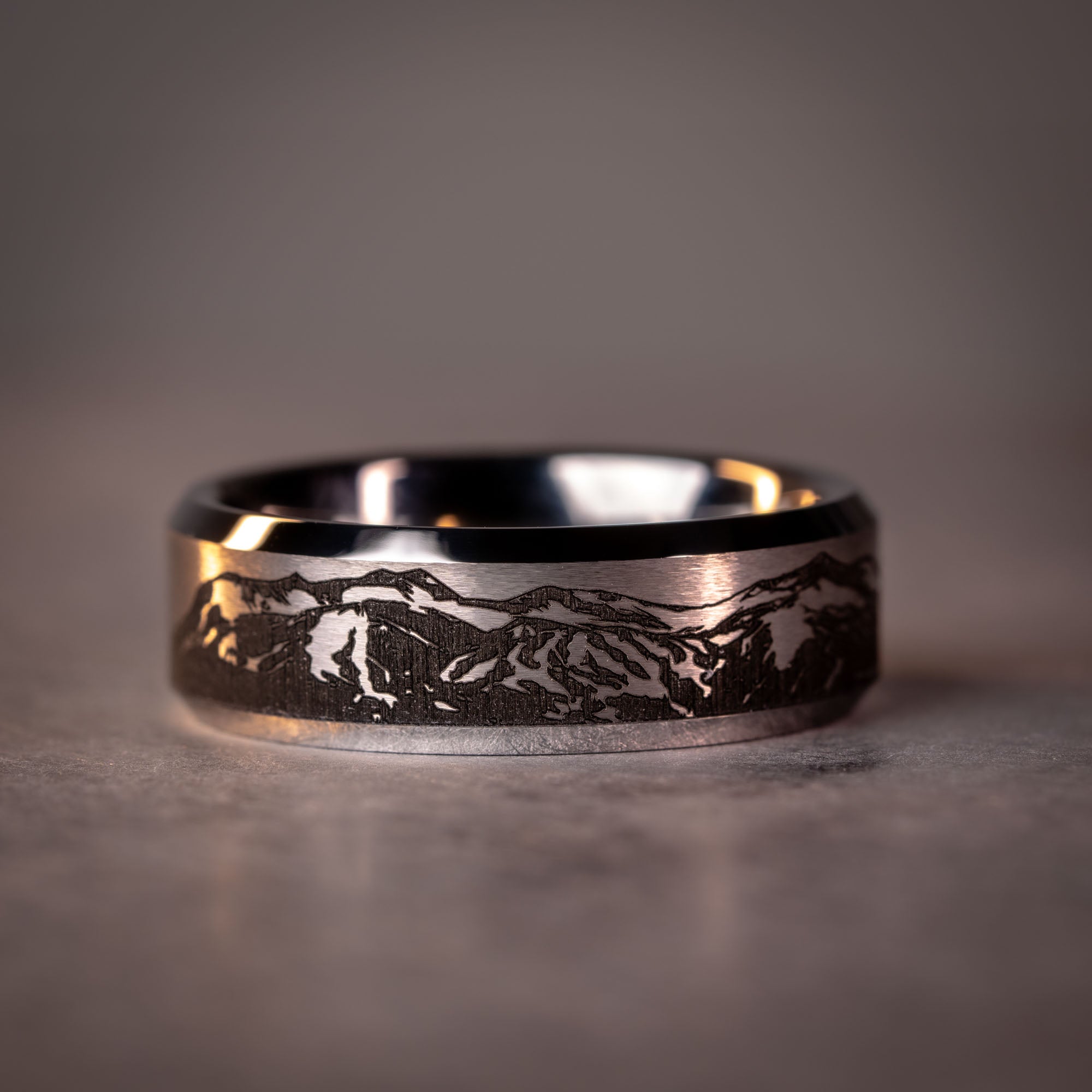 Beveled Tungsten Engraved Breckenridge Ski Resort Ring