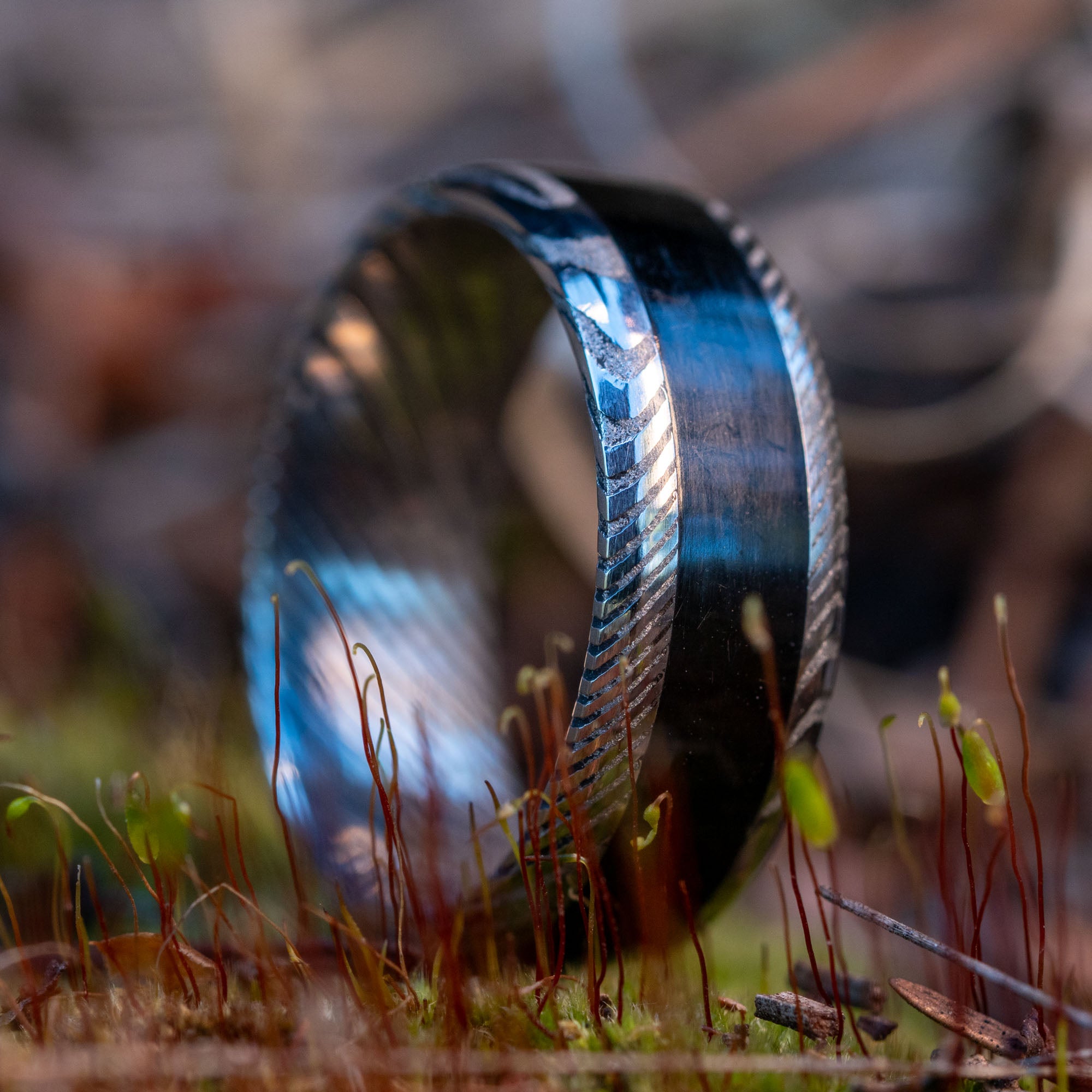 Stainless Damascus Carbon Fiber Inlay Ring