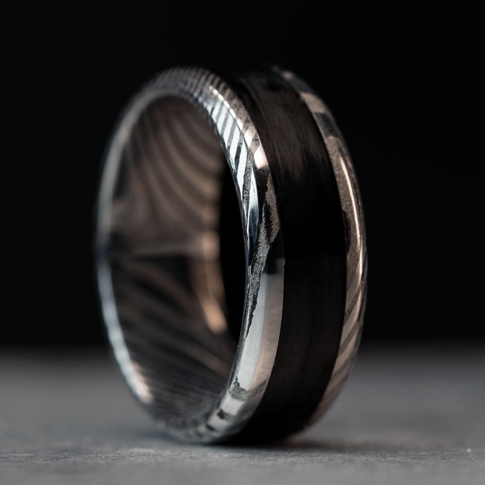 Stainless Damascus Carbon Fiber Inlay Ring