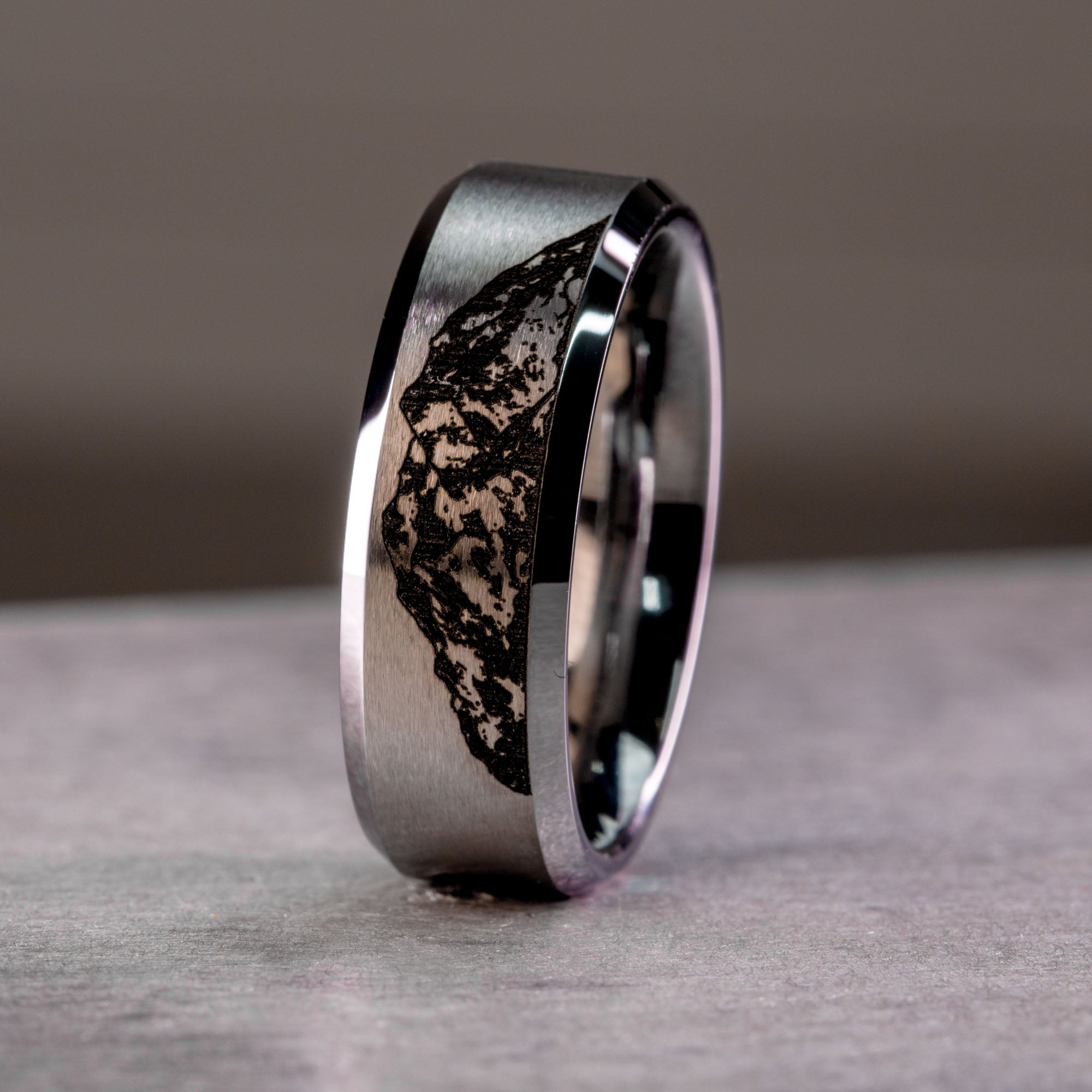 Beveled Tungsten Engraved Denali Alaska Ring
