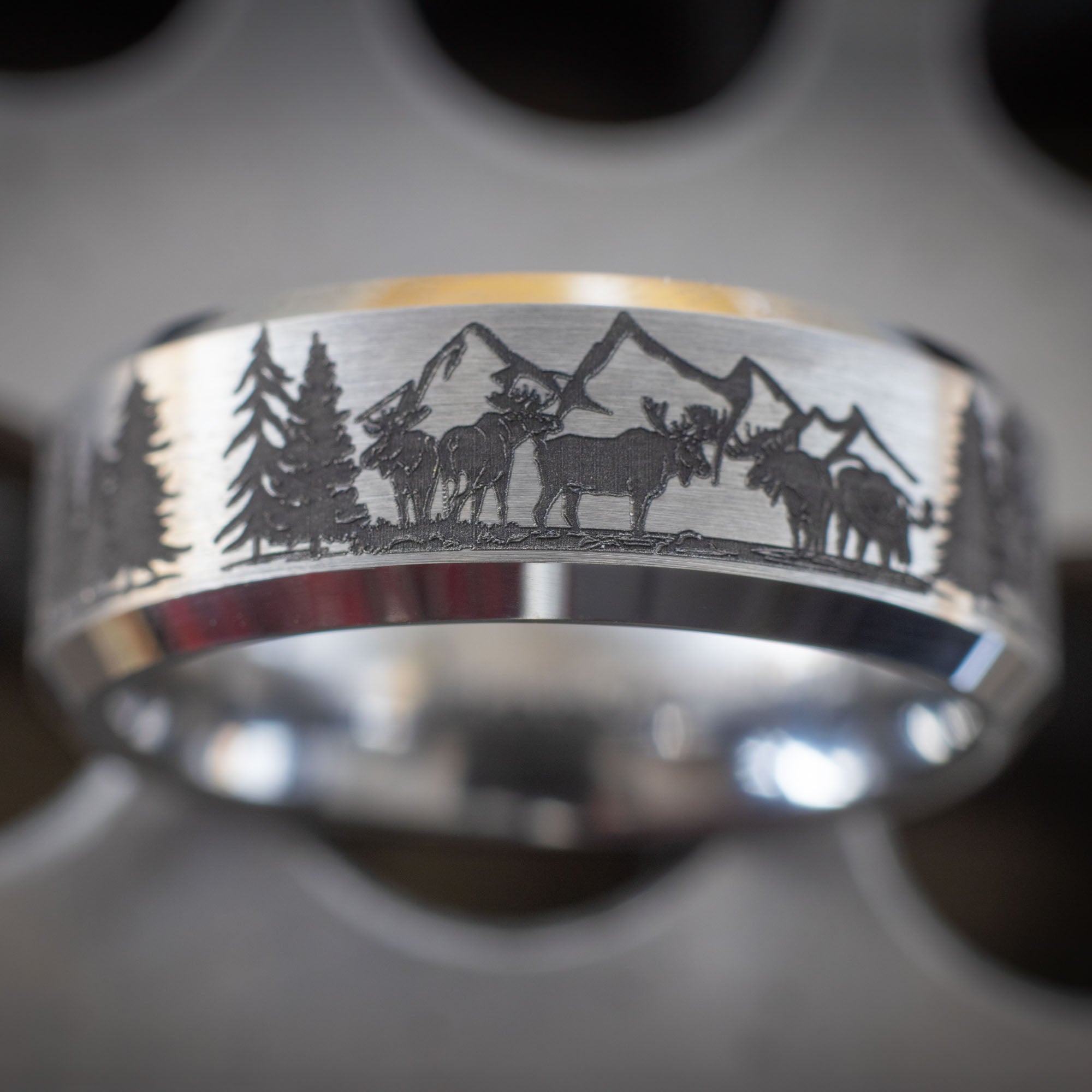 Beveled Tungsten Engraved Foothills Wildlife Ring