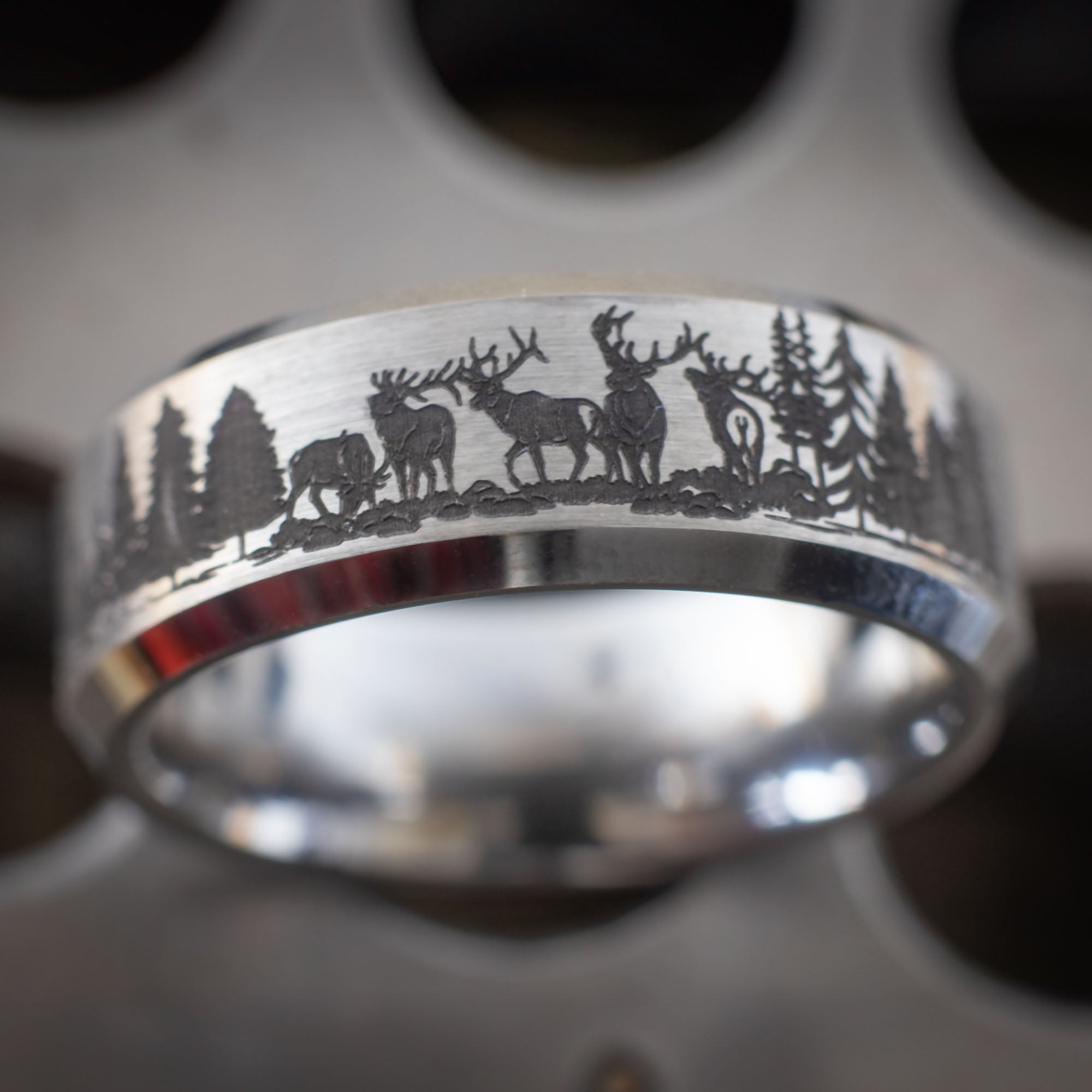 Beveled Tungsten Engraved Foothills Wildlife Ring
