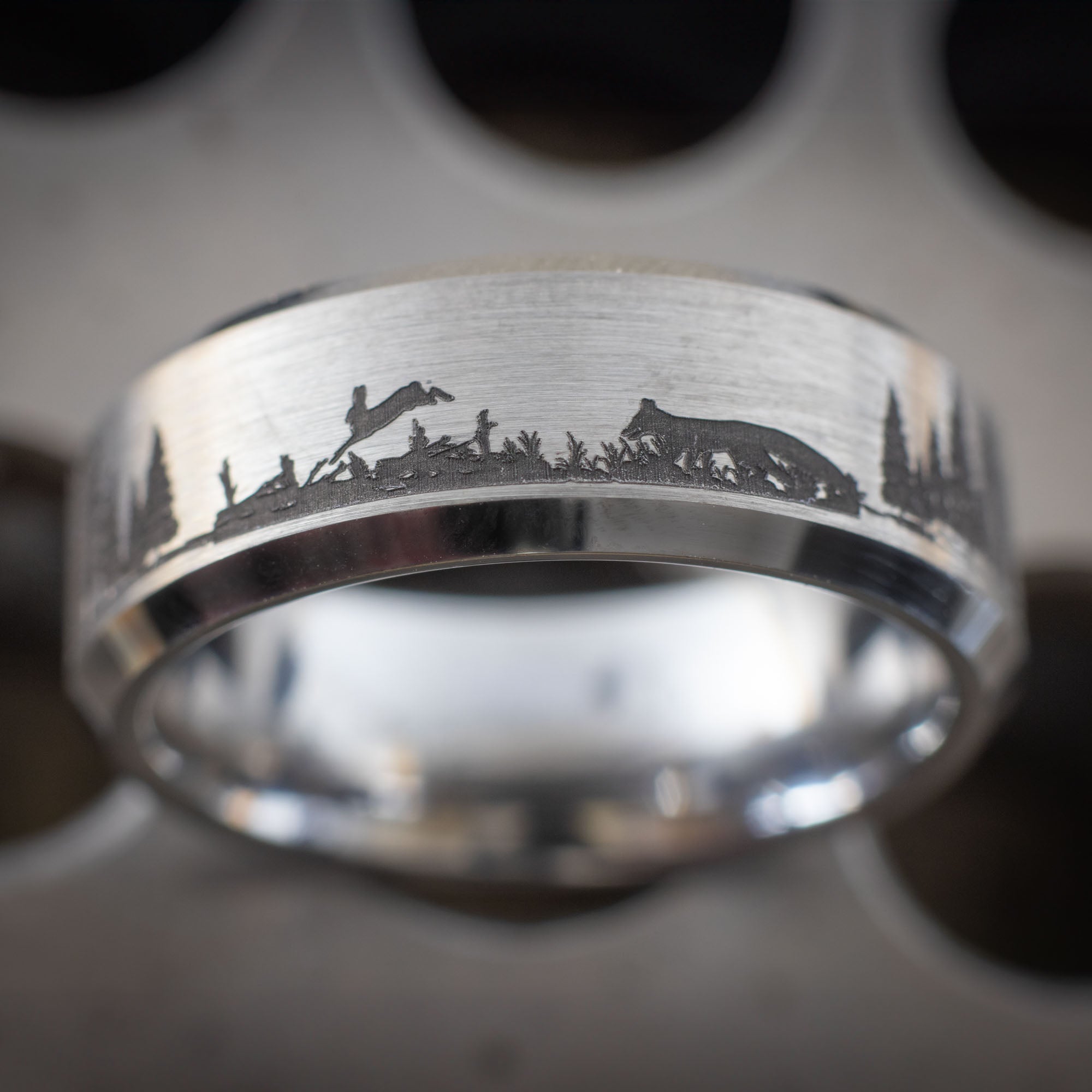 Beveled Tungsten Engraved Foothills Wildlife Ring
