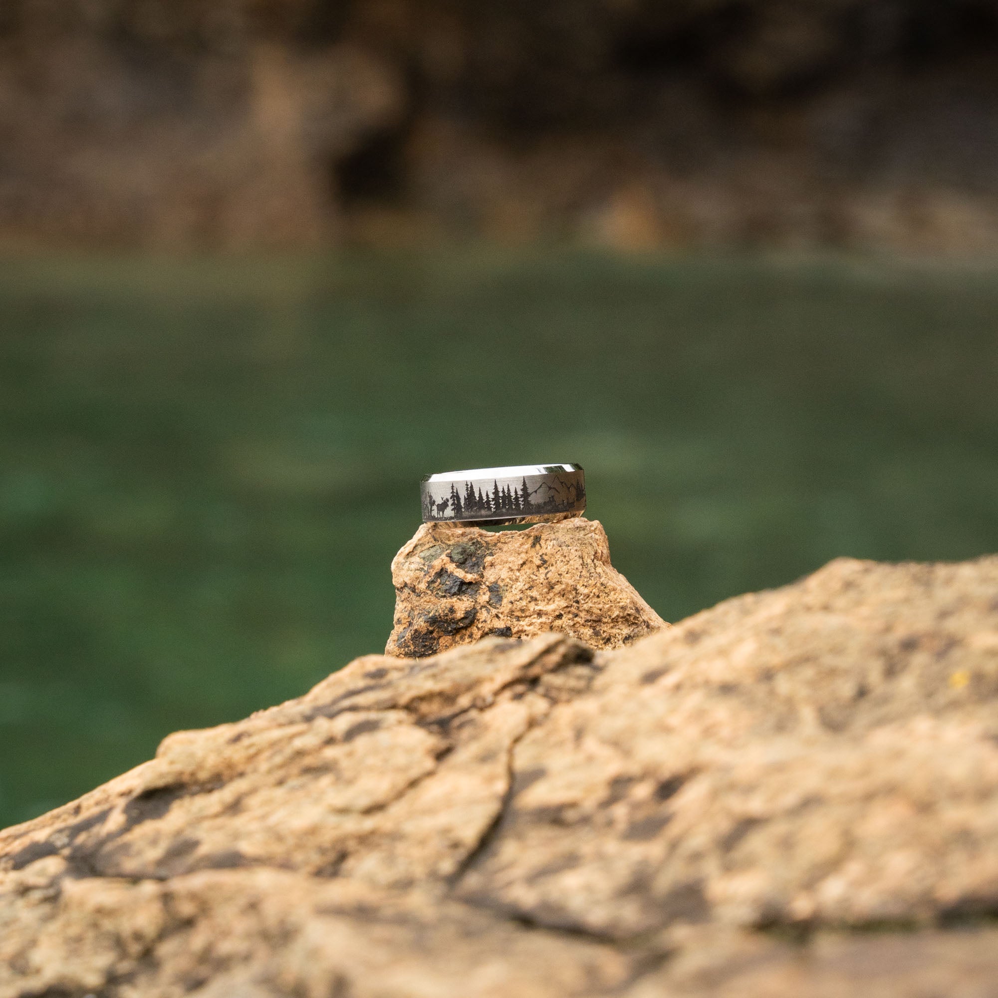 Beveled Tungsten Engraved Foothills Wildlife Ring