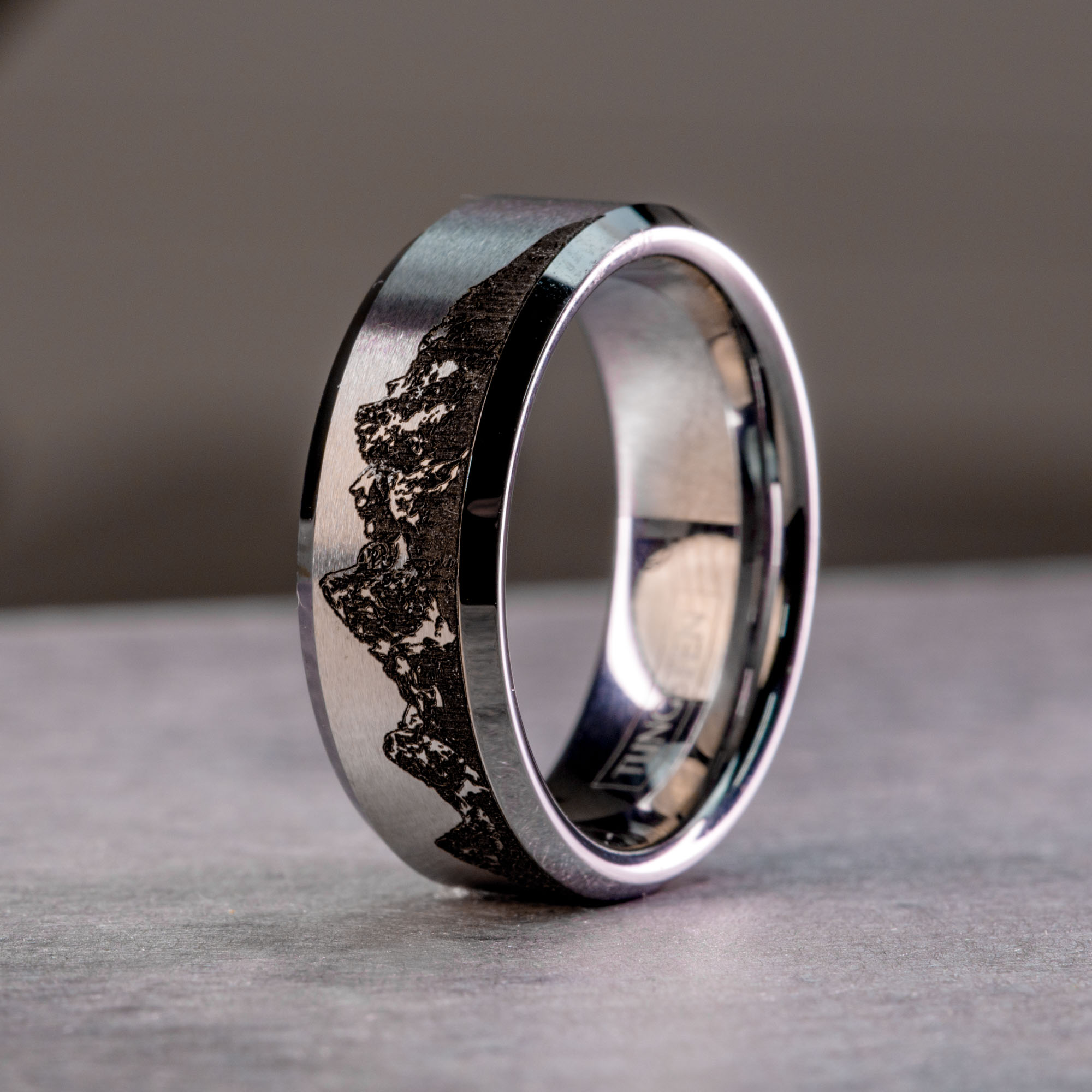 Beveled Tungsten Engraved Grand Tetons Ring