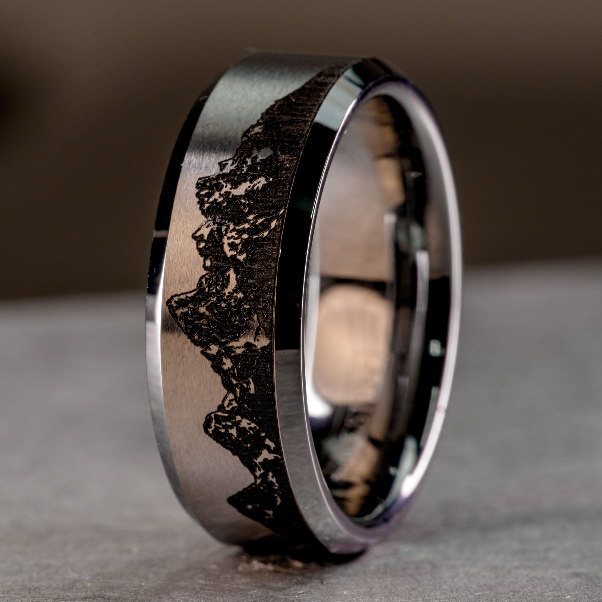 Beveled Tungsten Engraved Grand Tetons Ring