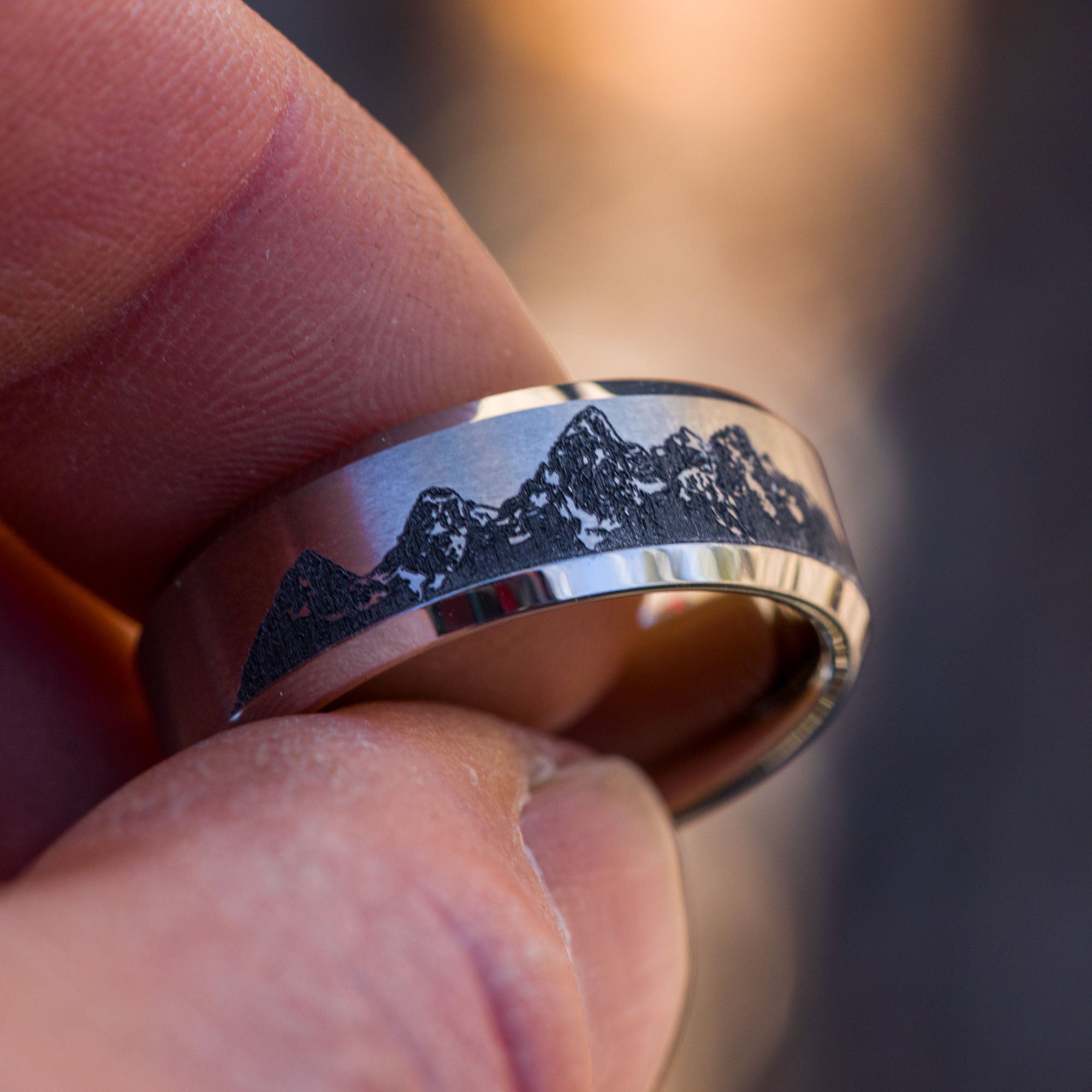 Beveled Tungsten Engraved Grand Tetons Ring