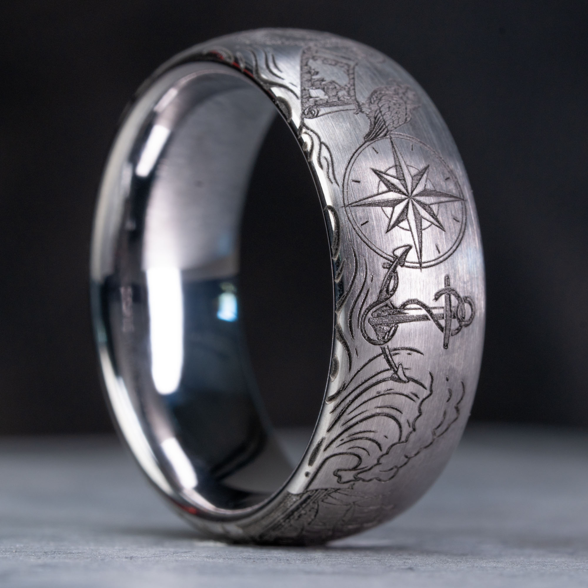 Domed Tungsten Engraved High Seas Adventure Ring