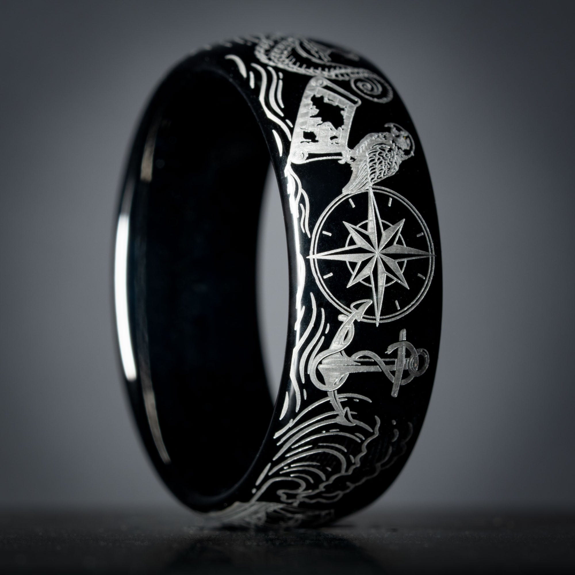 Black Domed Tungsten Engraved High Seas Adventure Ring