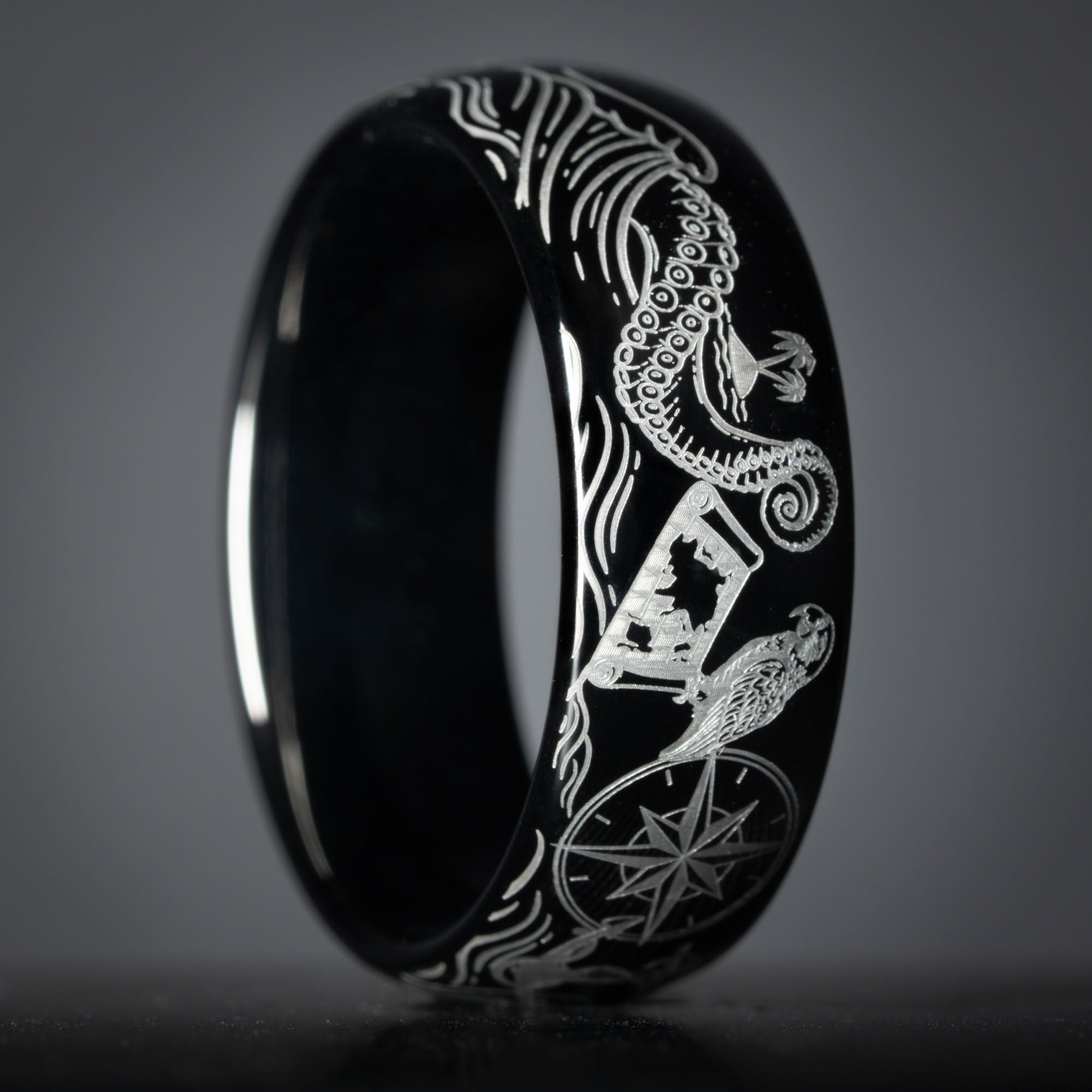 Black Domed Tungsten Engraved High Seas Adventure Ring