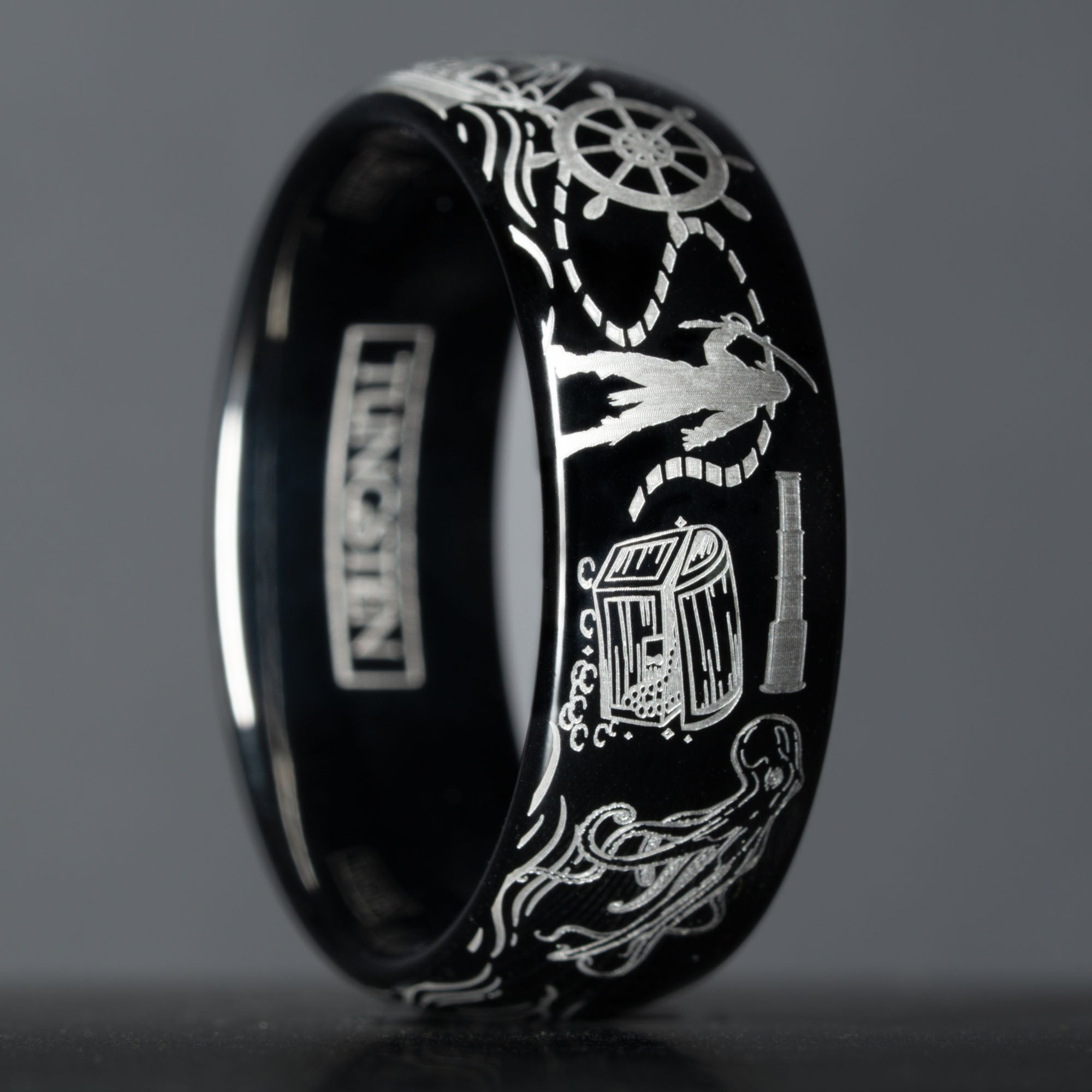 Black Domed Tungsten Engraved High Seas Adventure Ring