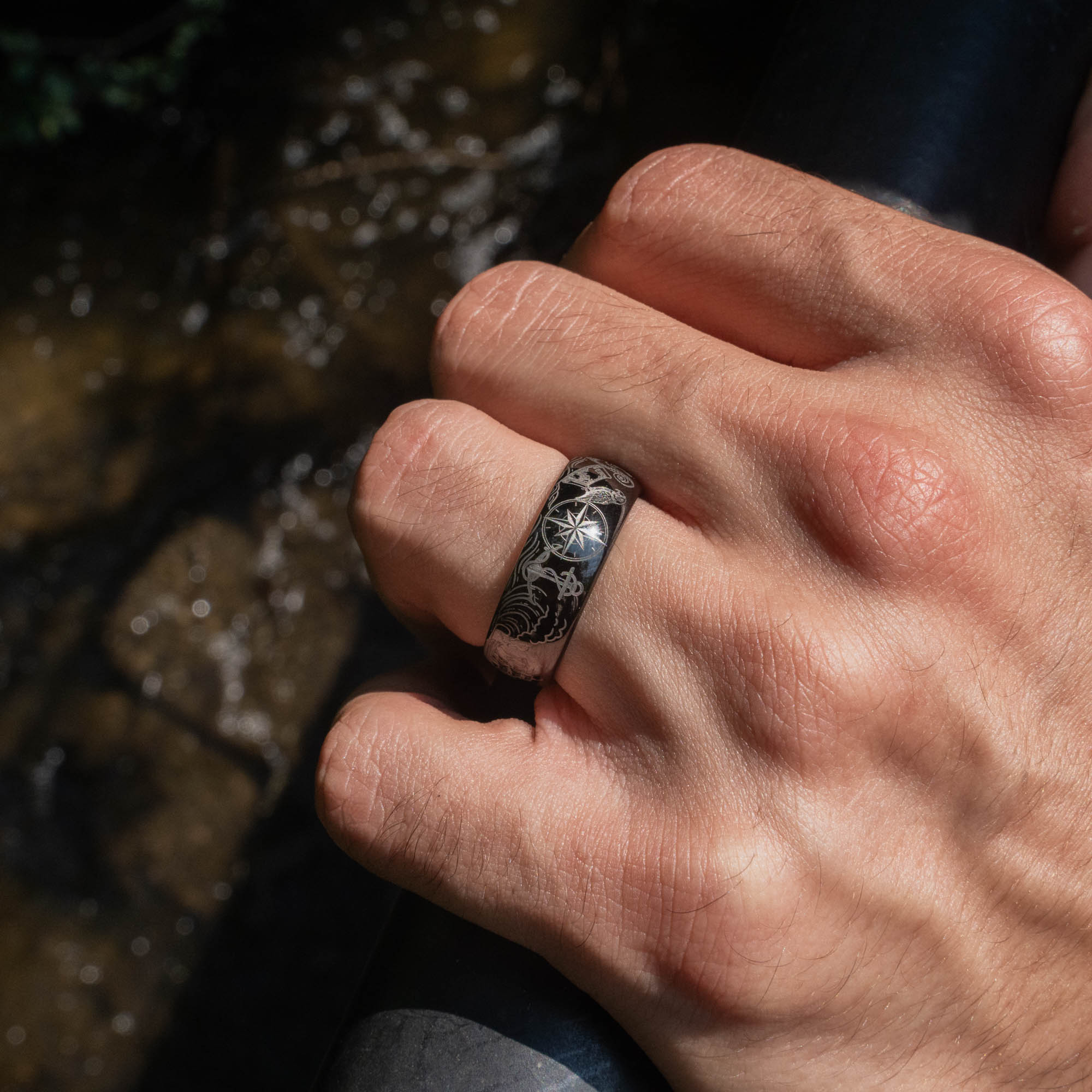 Black Domed Tungsten Engraved High Seas Adventure Ring