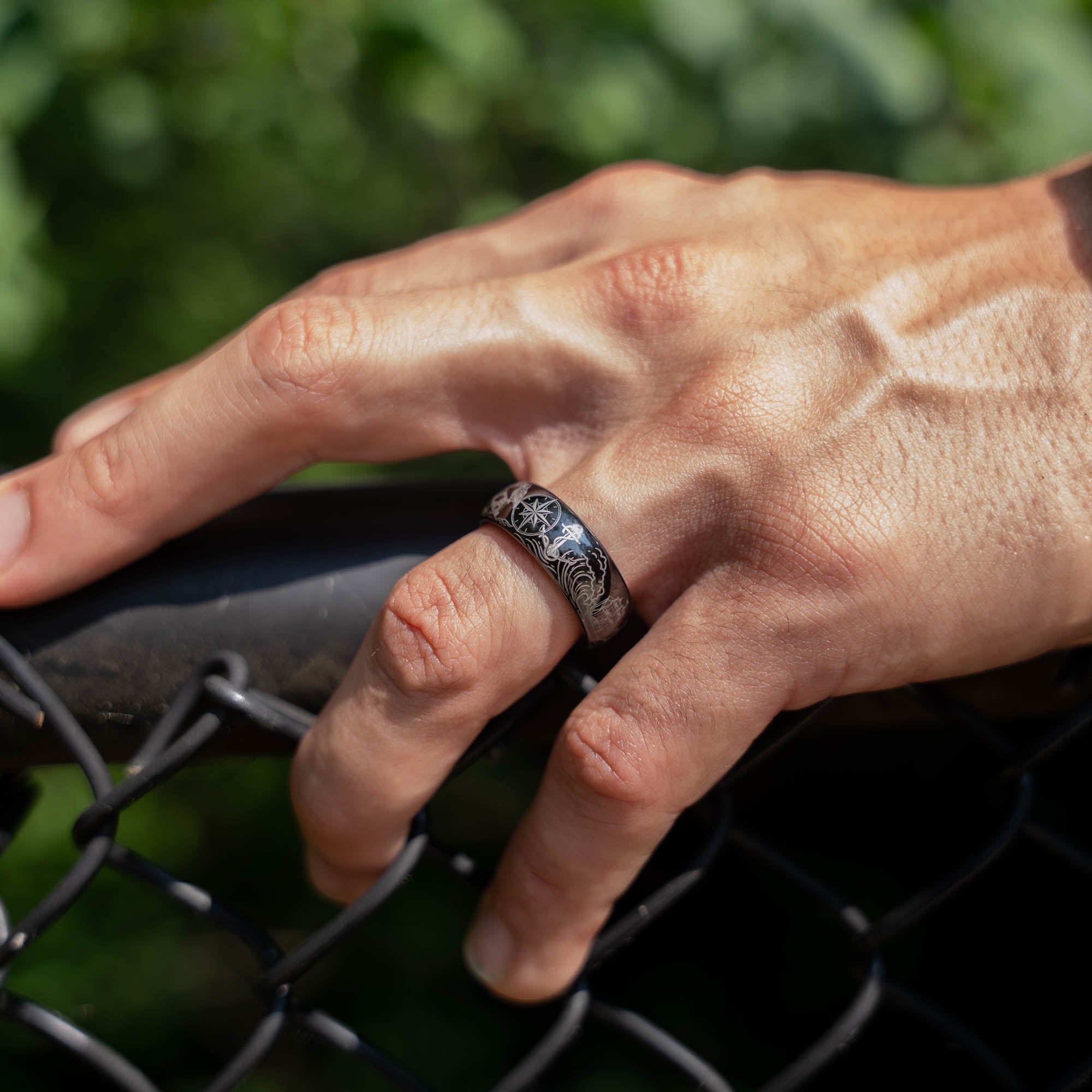 Black Domed Tungsten Engraved High Seas Adventure Ring
