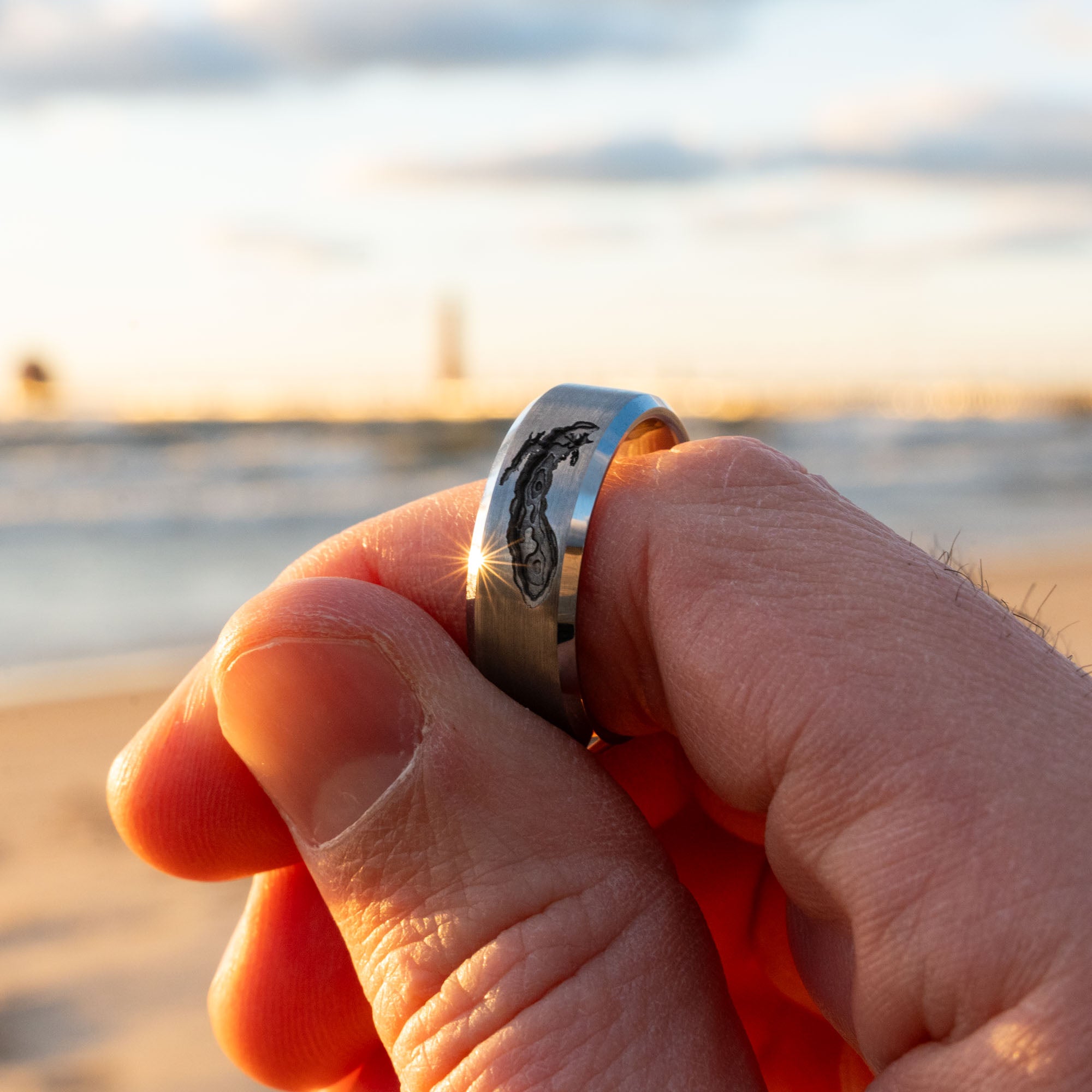 Beveled Tungsten Deep Engraved Lake Michigan Depths Ring