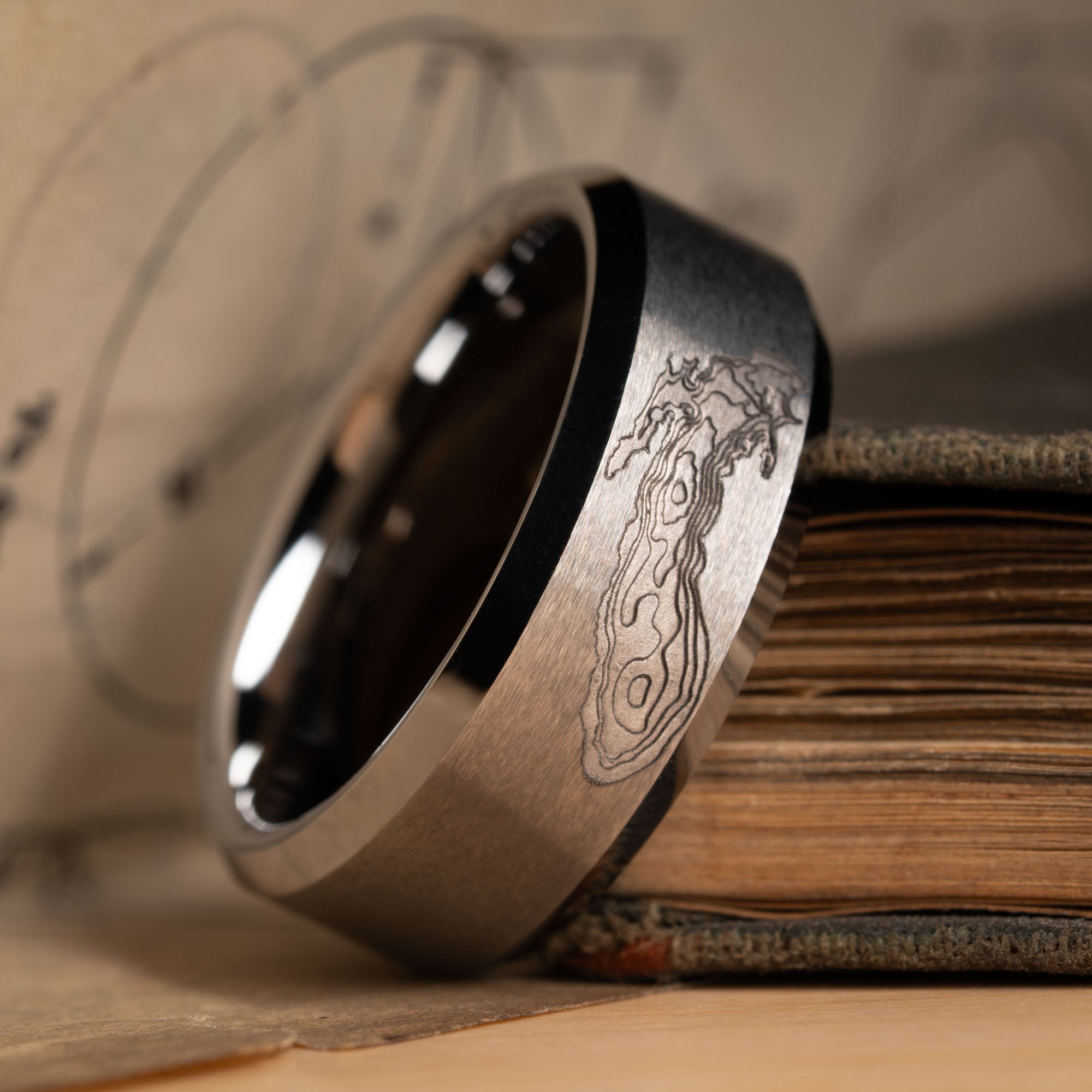 Beveled Tungsten Deep Engraved Lake Michigan Depths Ring
