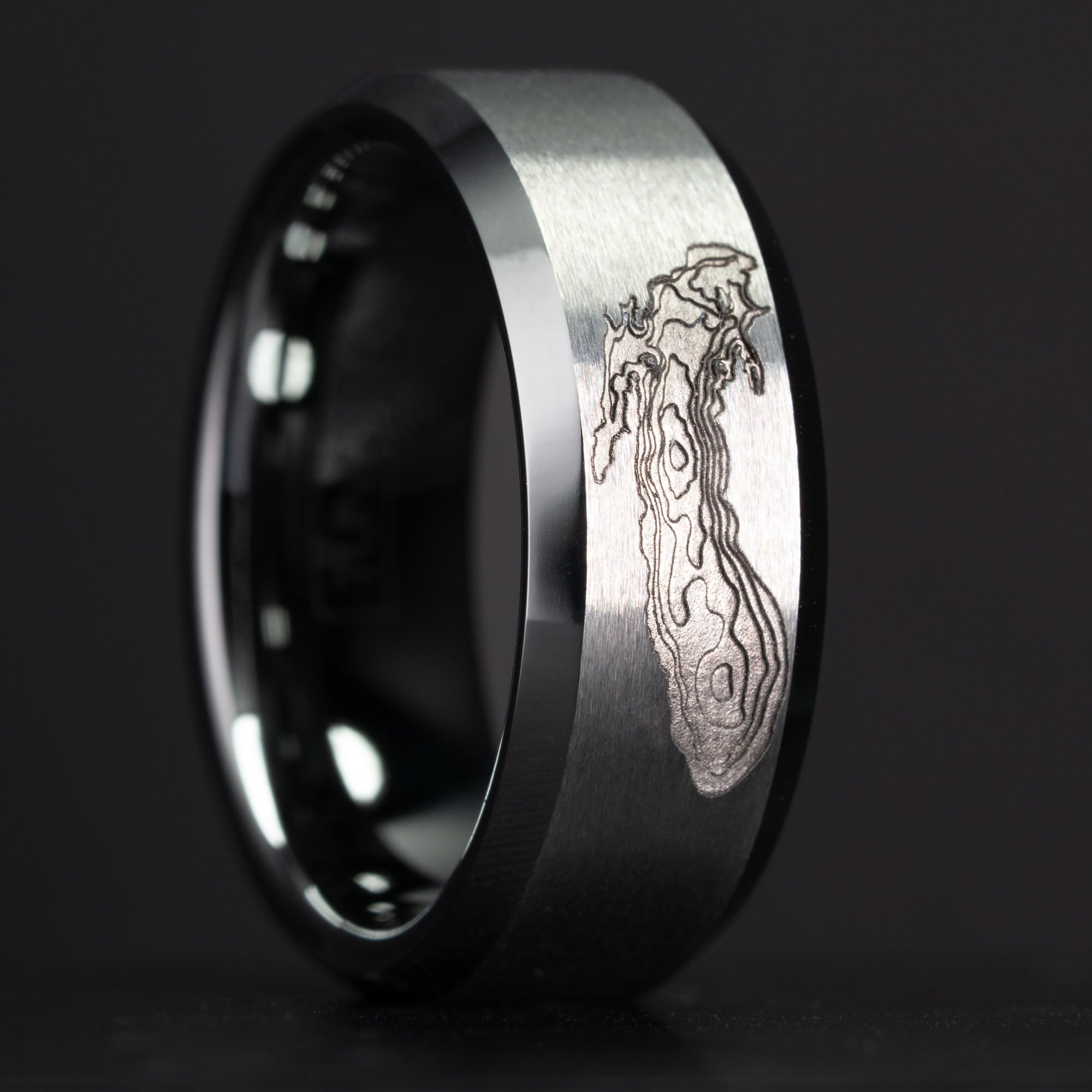 Beveled Tungsten Deep Engraved Lake Michigan Depths Ring