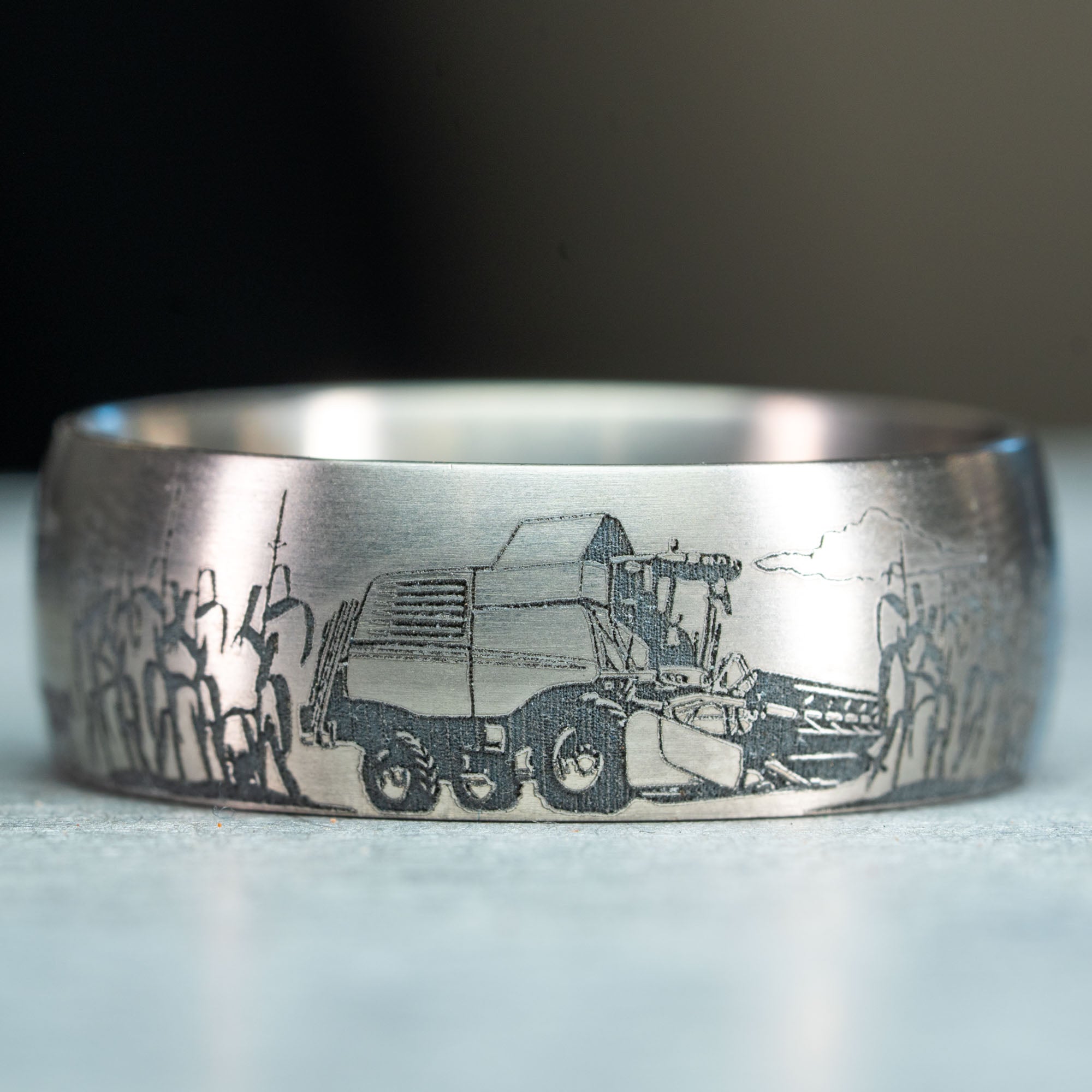 Domed Titanium Engraved Farm Life Ring