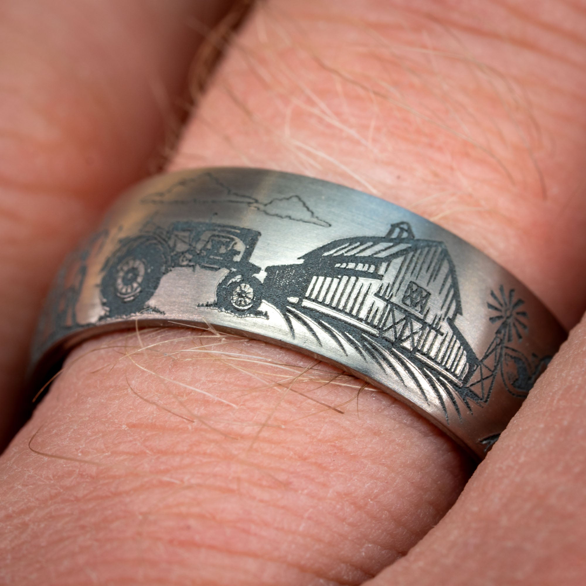 Domed Titanium Engraved Farm Life Ring