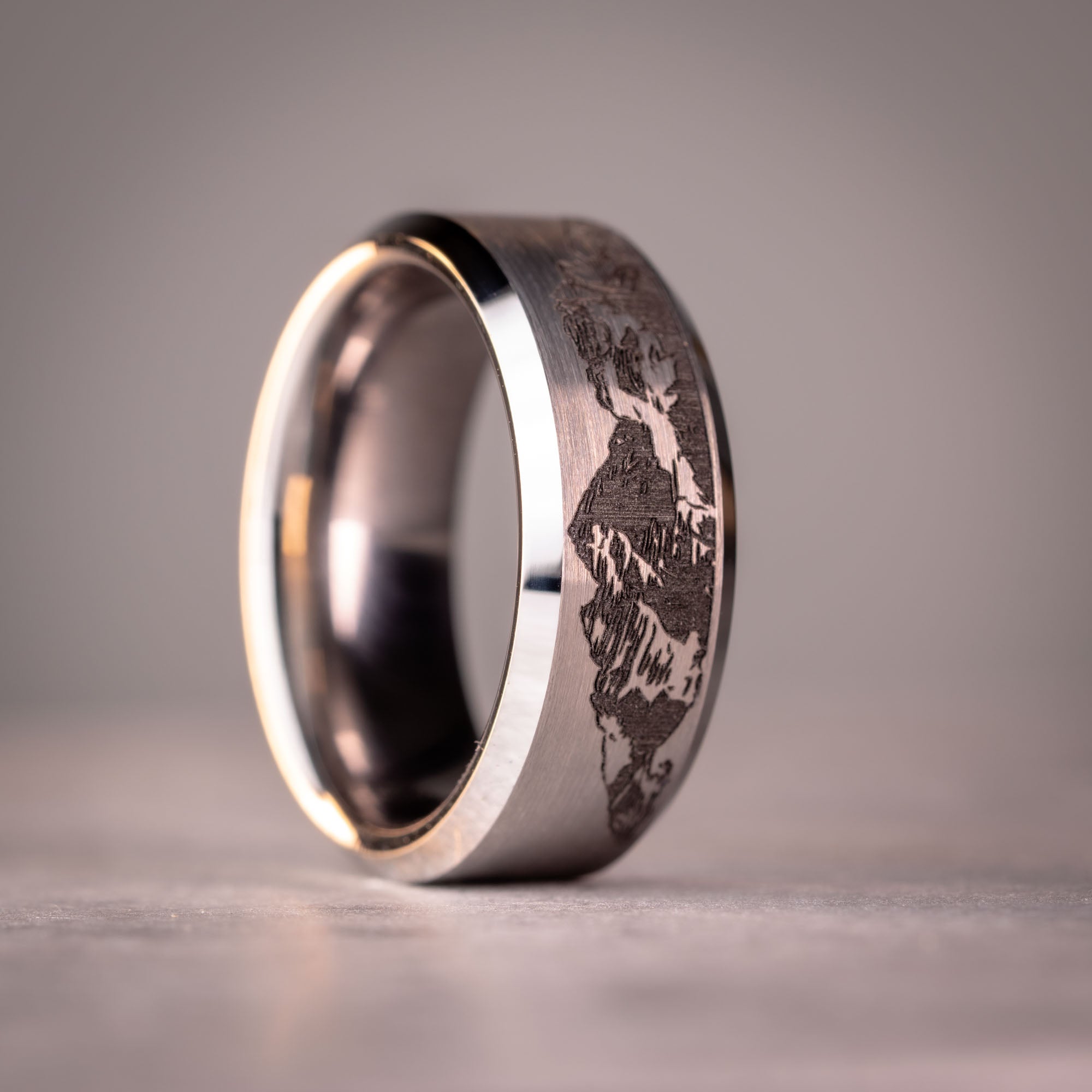 Beveled Tungsten Engraved Colorado Maroon Bells Mountain Ring