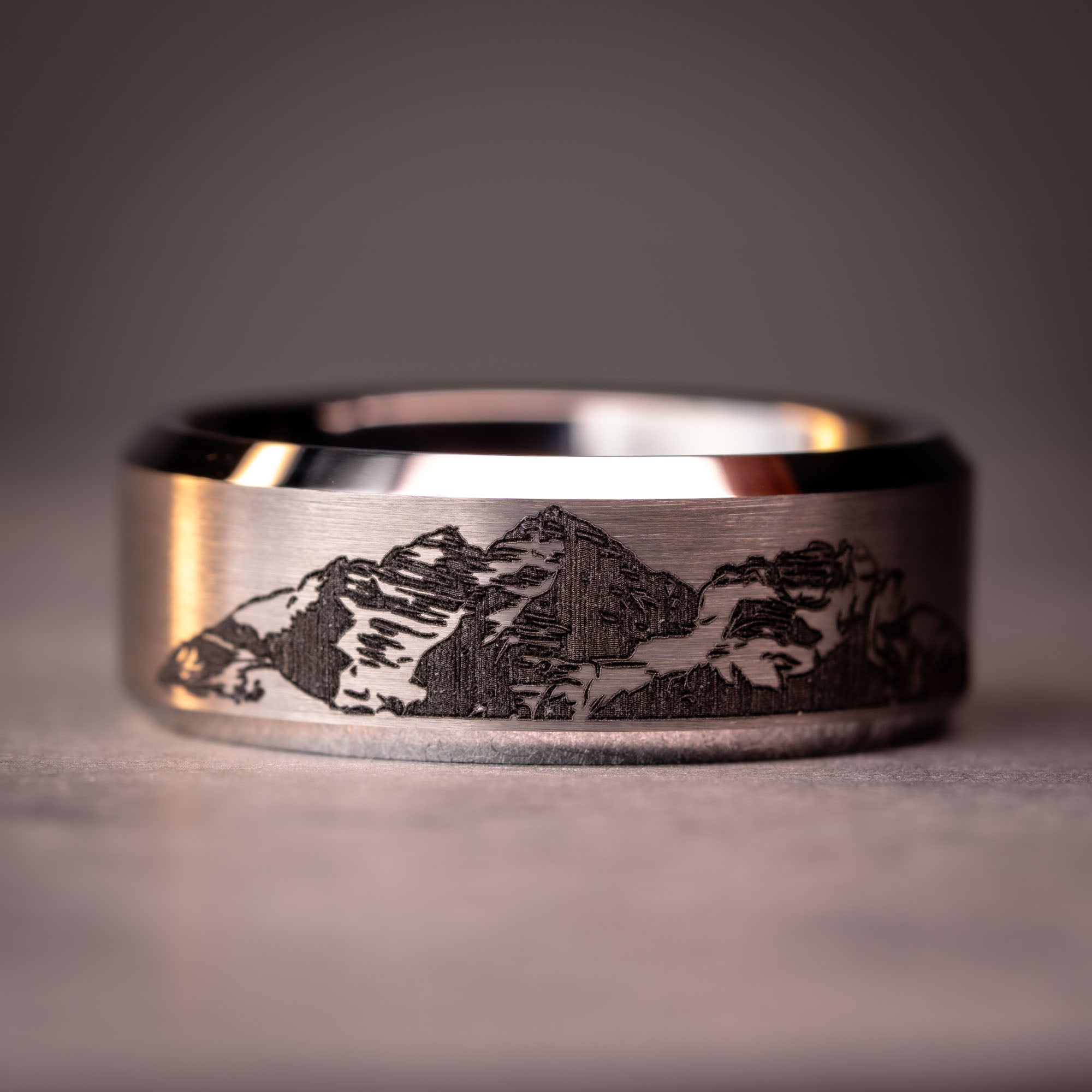 Beveled Tungsten Engraved Colorado Maroon Bells Mountain Ring
