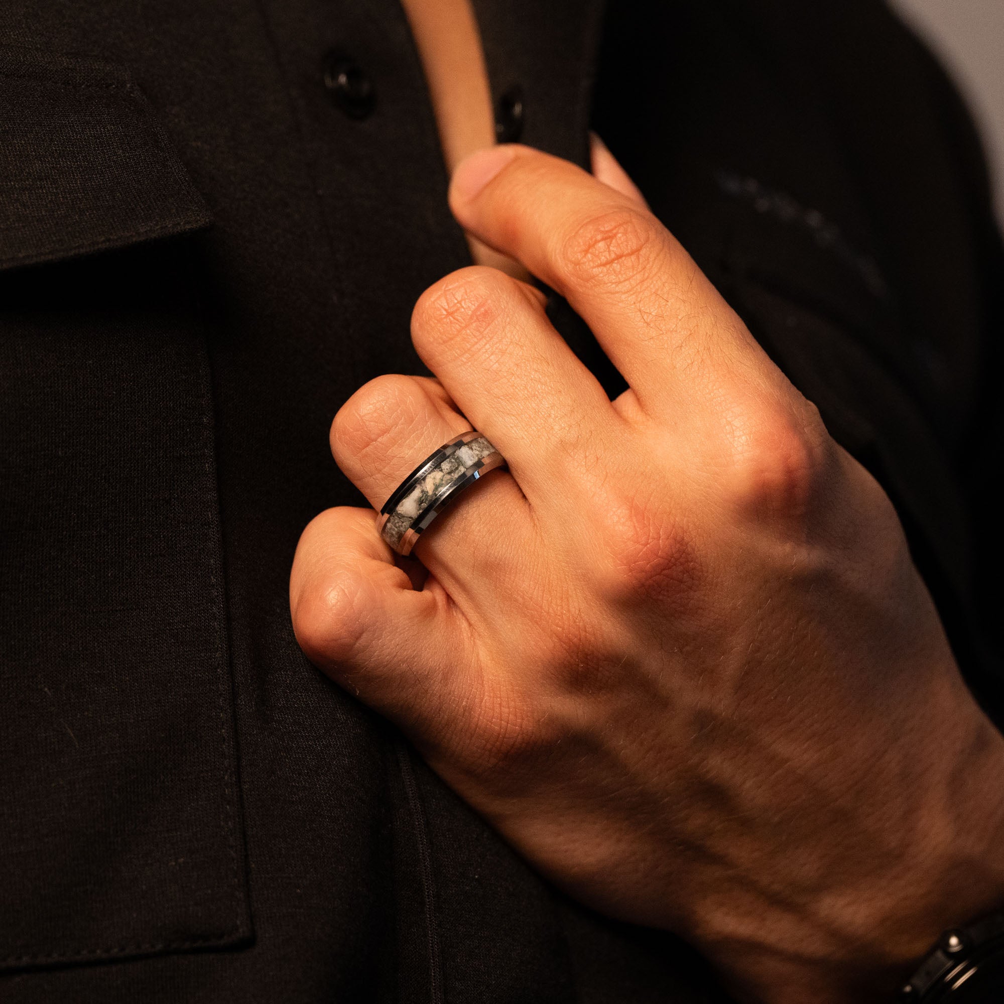 Beveled Tungsten Moss Agate Inlay Ring