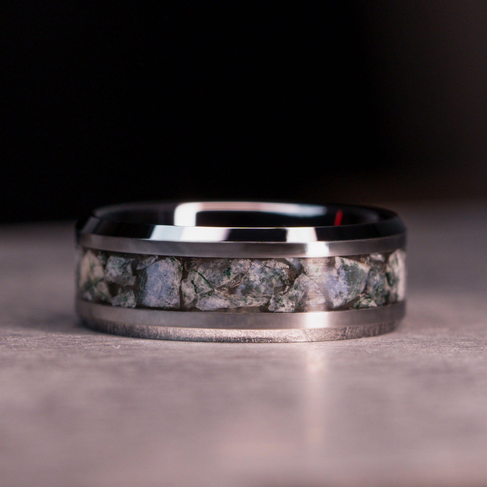Beveled Tungsten Moss Agate Inlay Ring