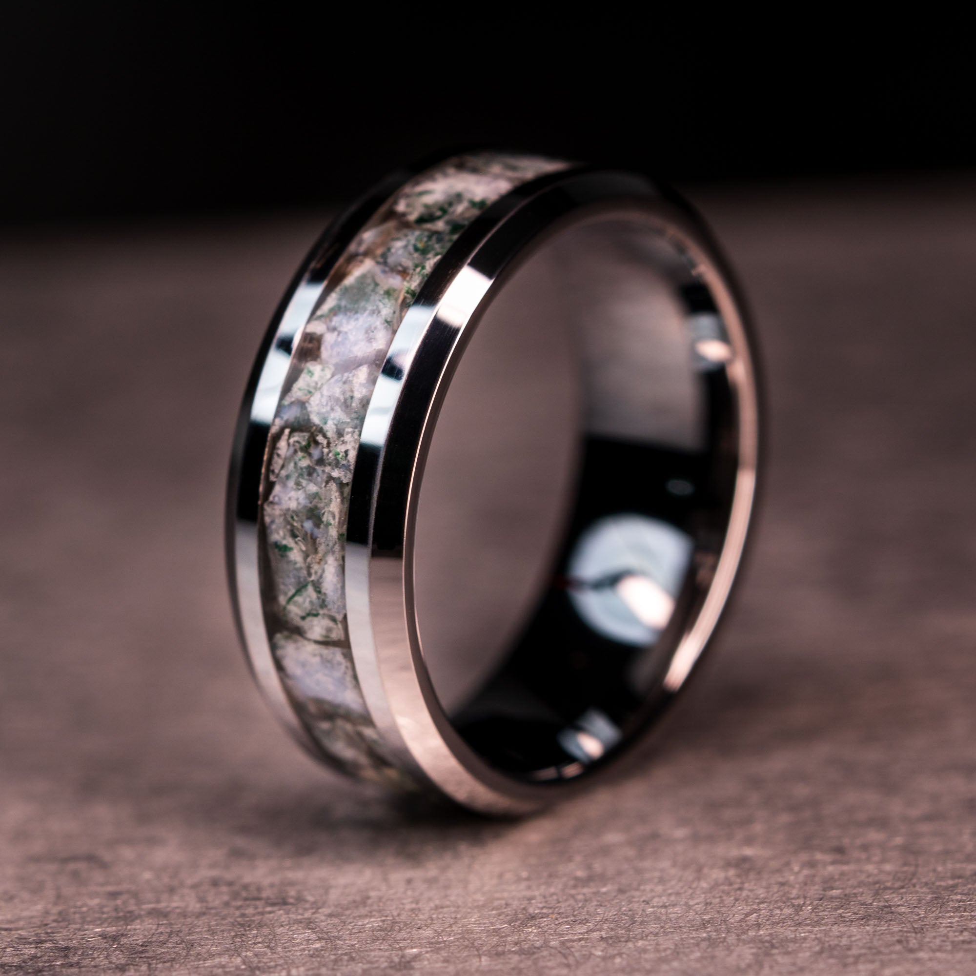 Beveled Tungsten Moss Agate Inlay Ring