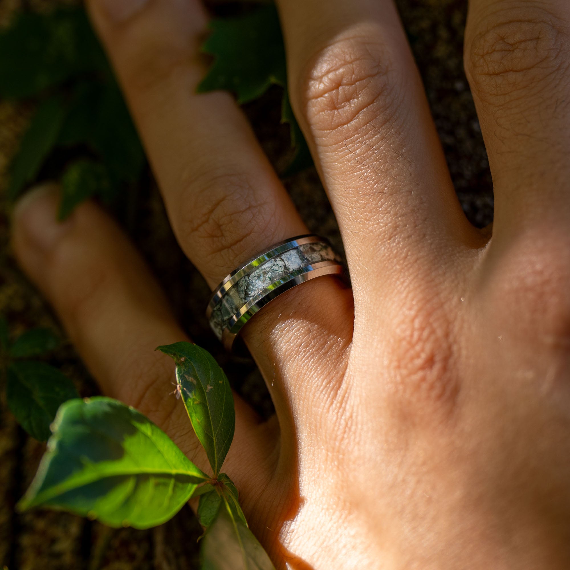 Beveled Tungsten Moss Agate Inlay Ring