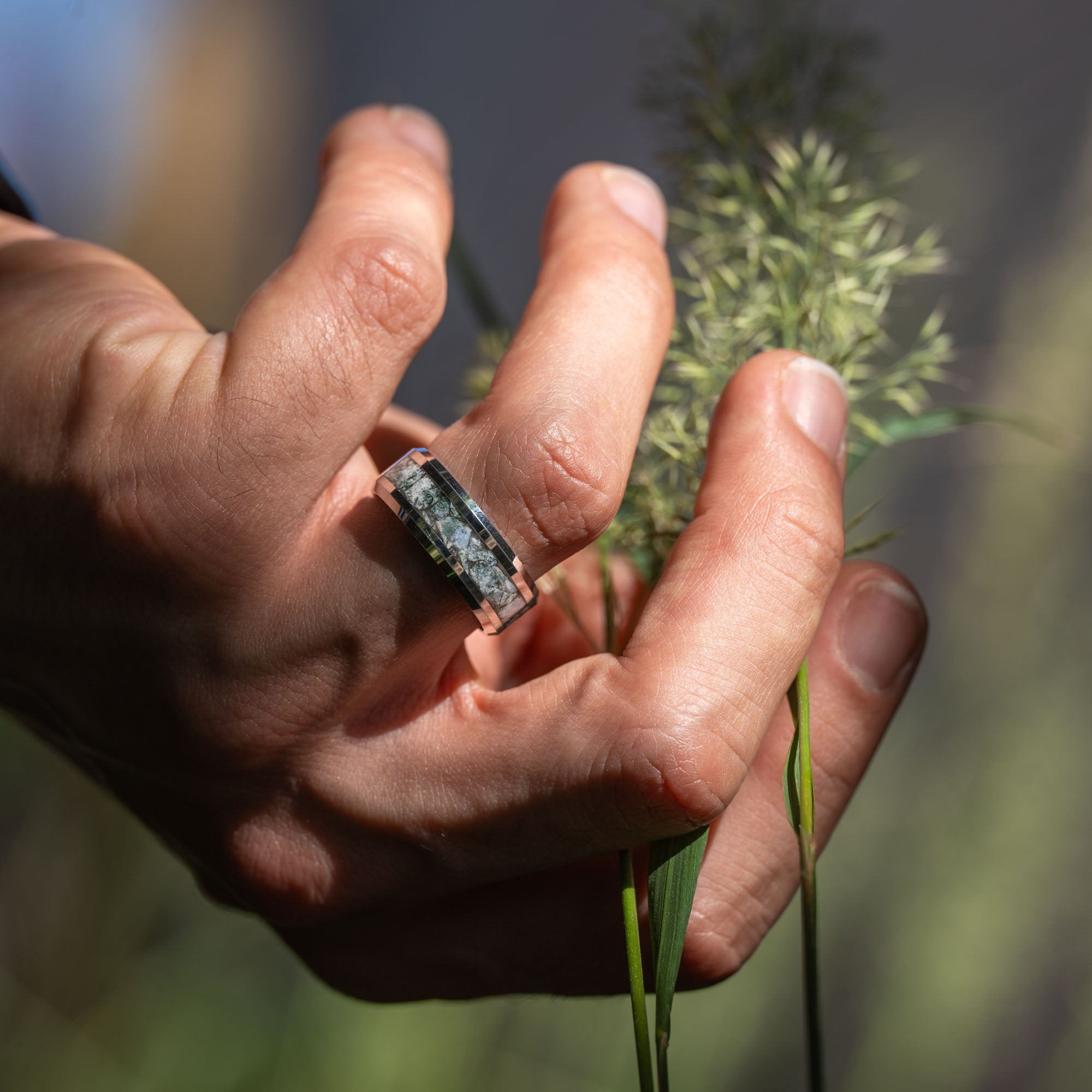 Beveled Tungsten Moss Agate Inlay Ring