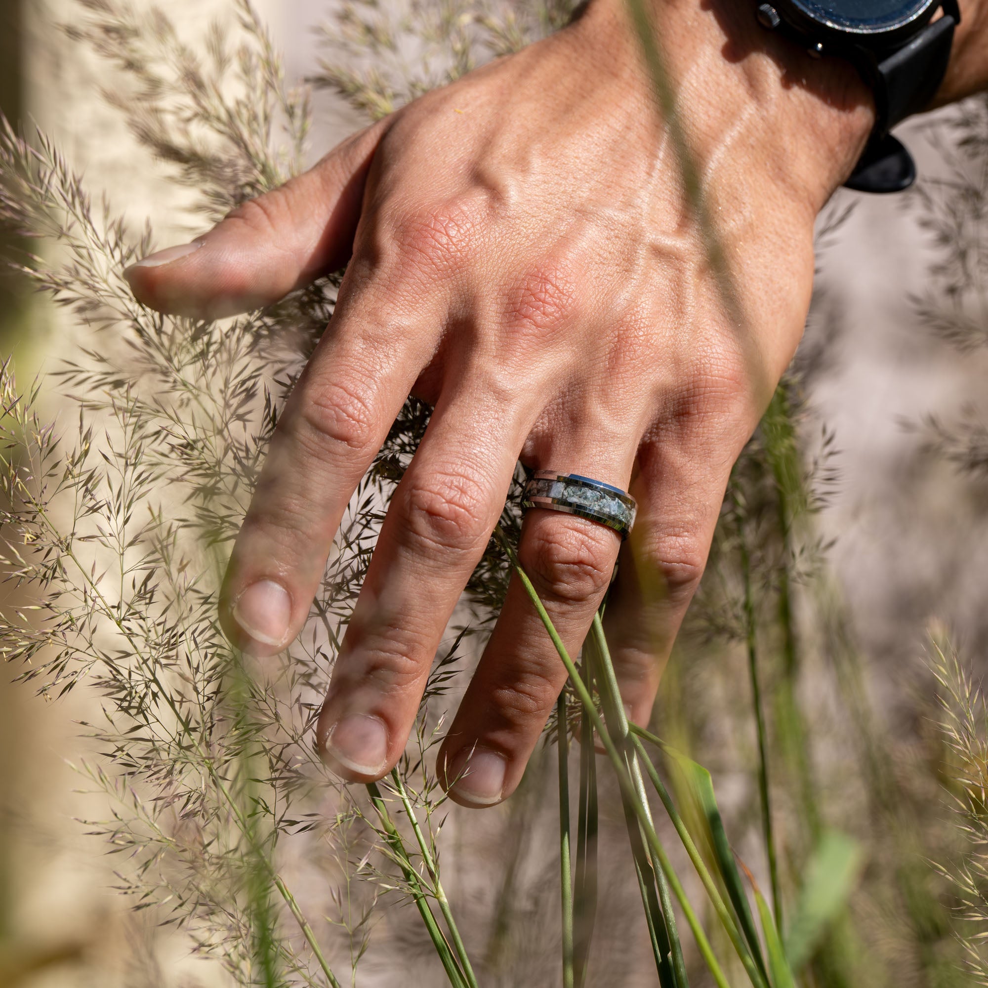 Beveled Tungsten Moss Agate Inlay Ring