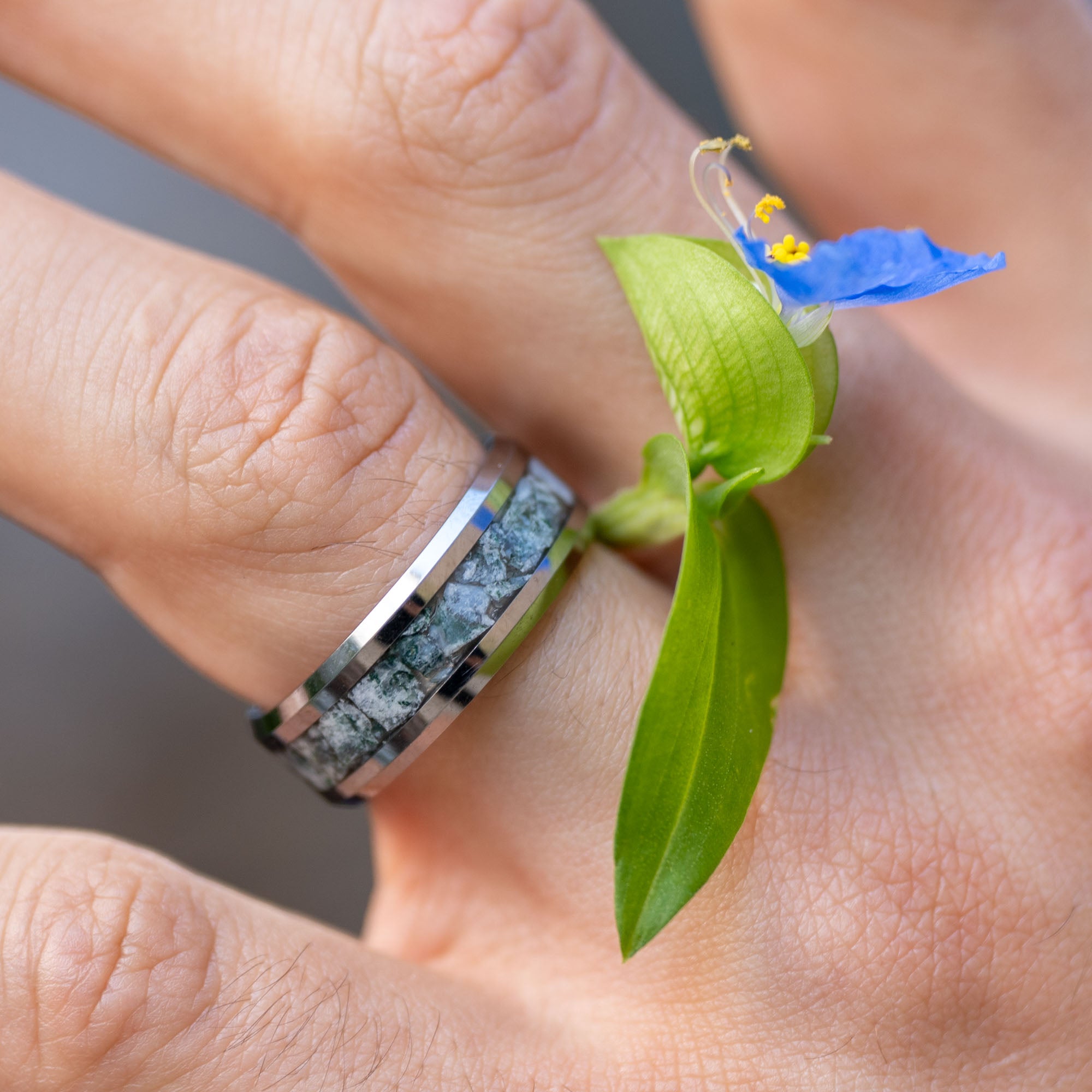 Beveled Tungsten Moss Agate Inlay Ring