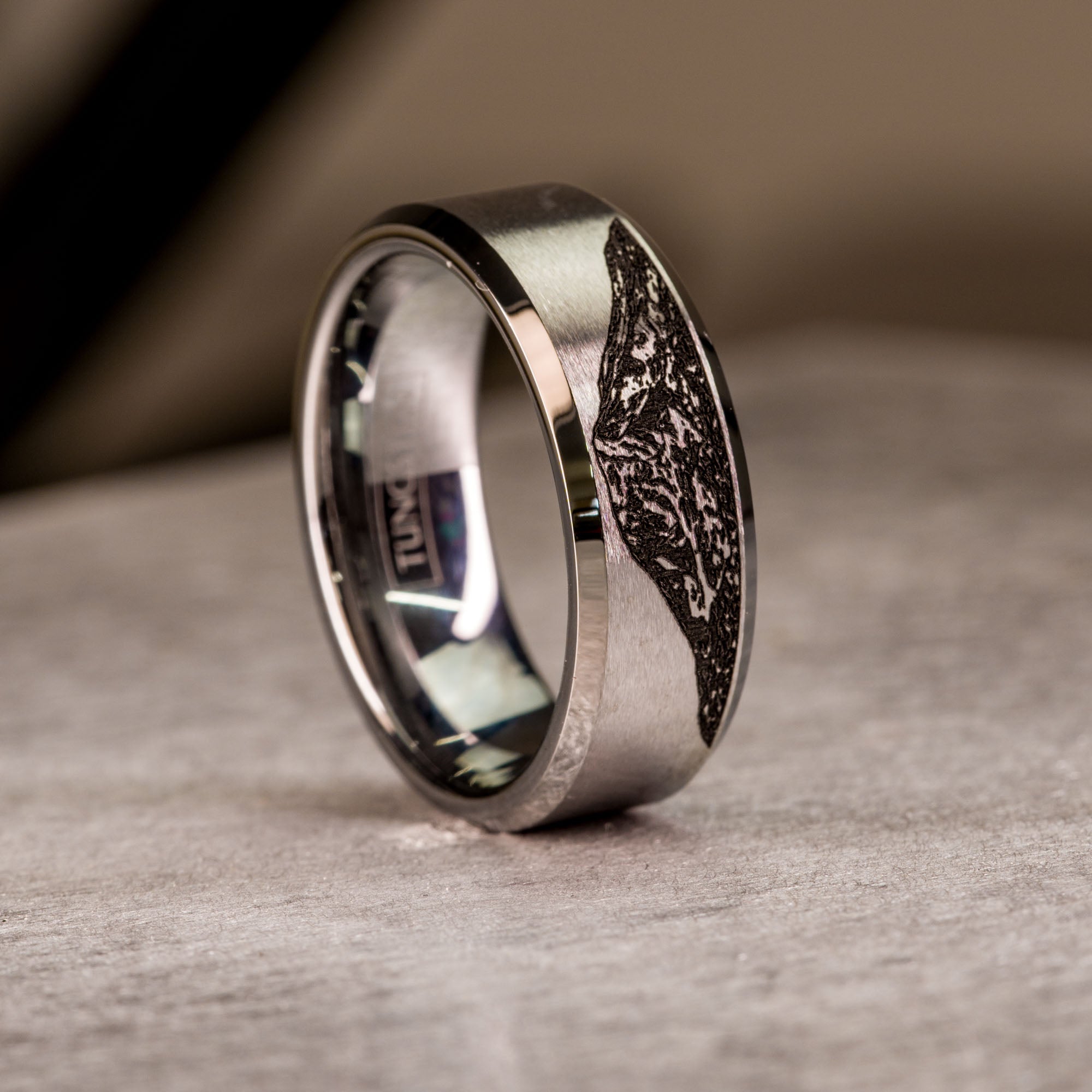 Beveled Tungsten Engraved Mount Adams Ring