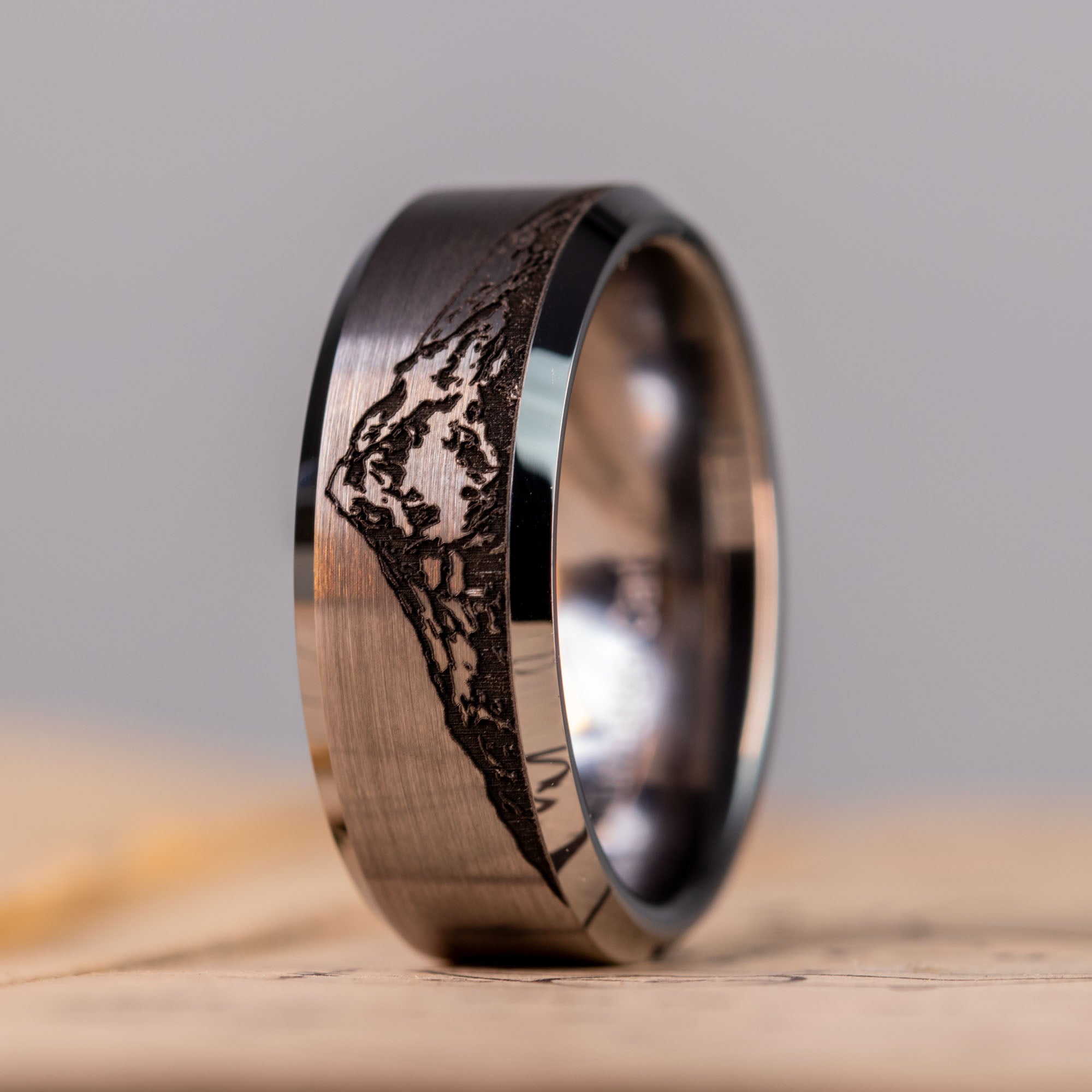 Beveled Tungsten Engraved Mt. Hood Ring