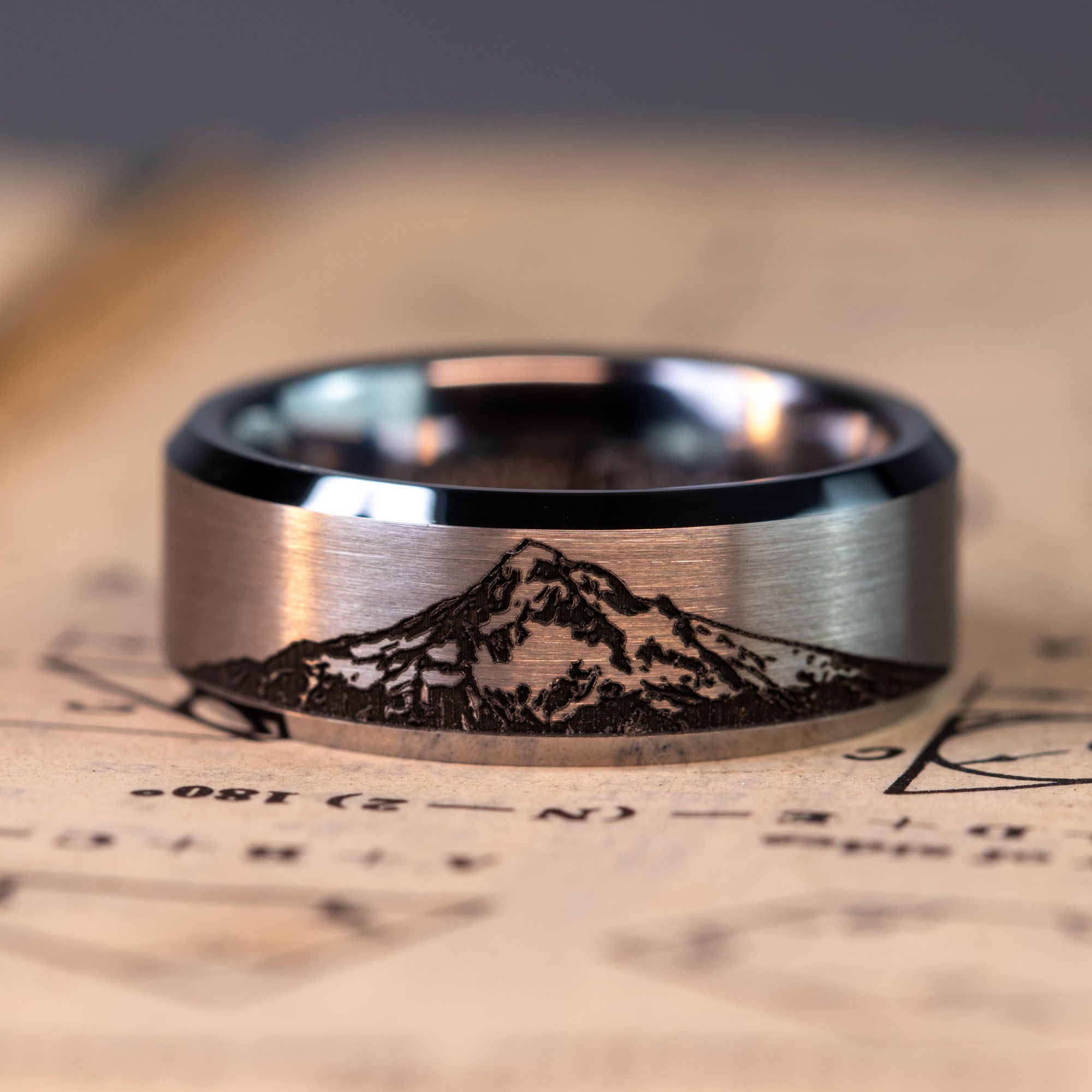Beveled Tungsten Engraved Mt. Hood Ring