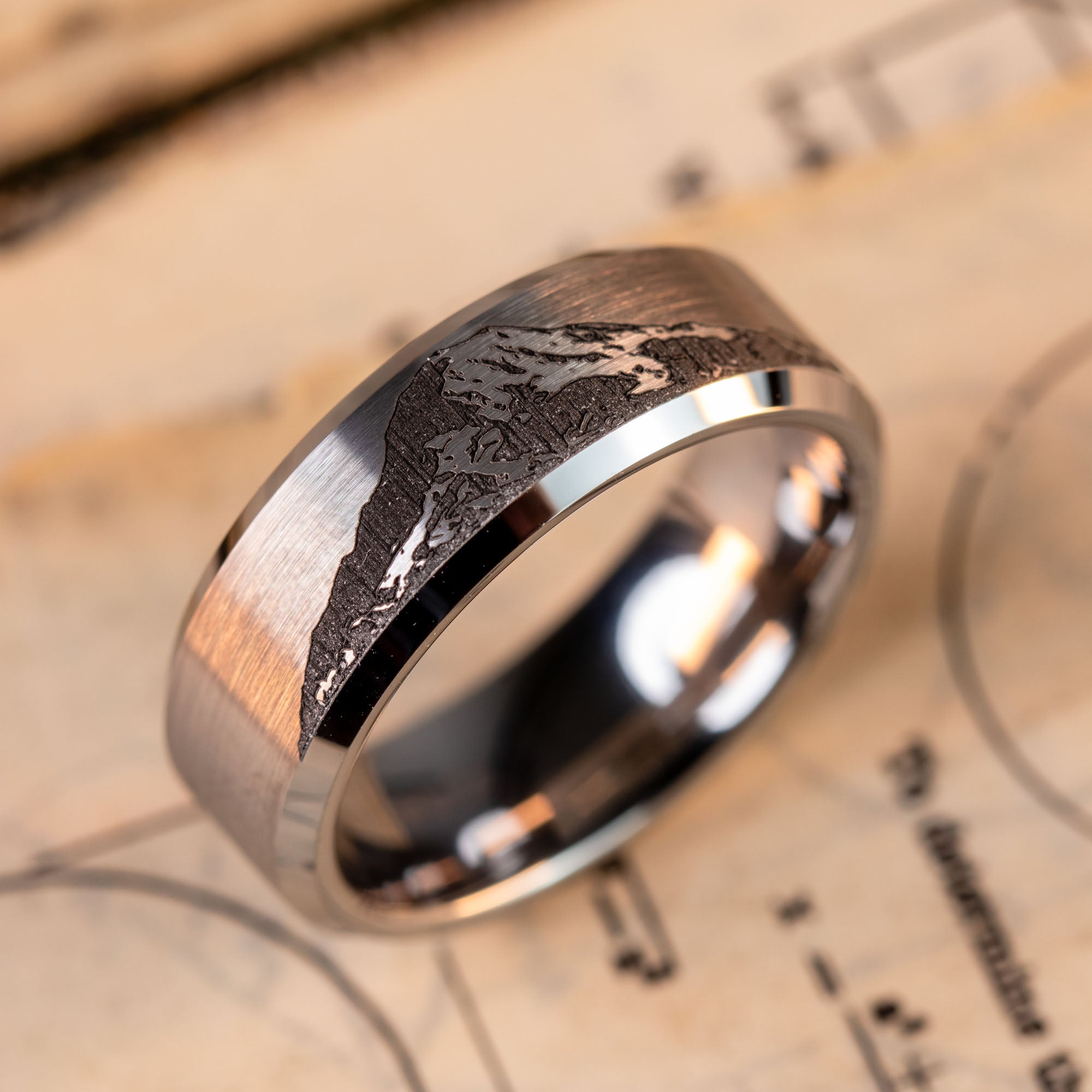 Beveled Tungsten Engraved Mt. Rainier Ring