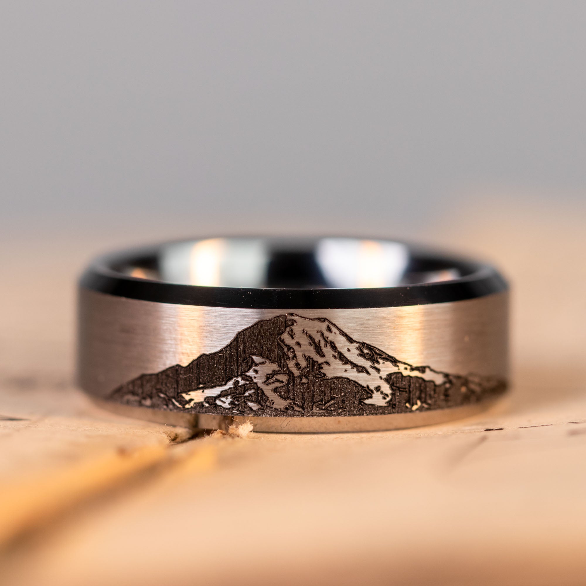 Beveled Tungsten Engraved Mt. Rainier Ring