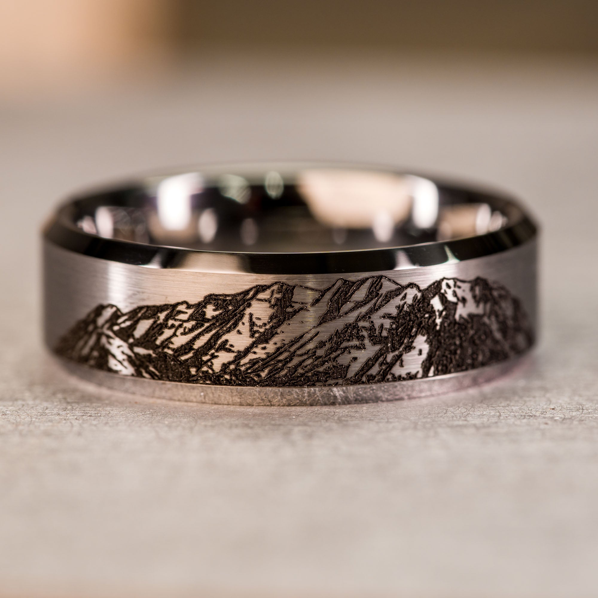Beveled Tungsten Engraved Mount Timpanogos Ring