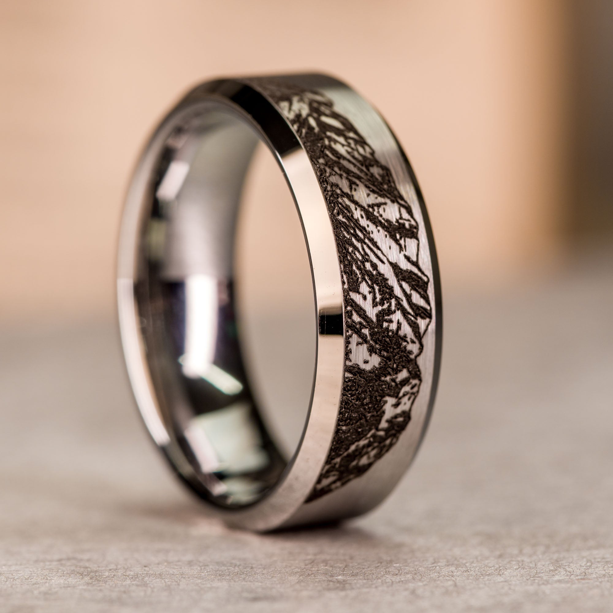 Beveled Tungsten Engraved Mount Timpanogos Ring