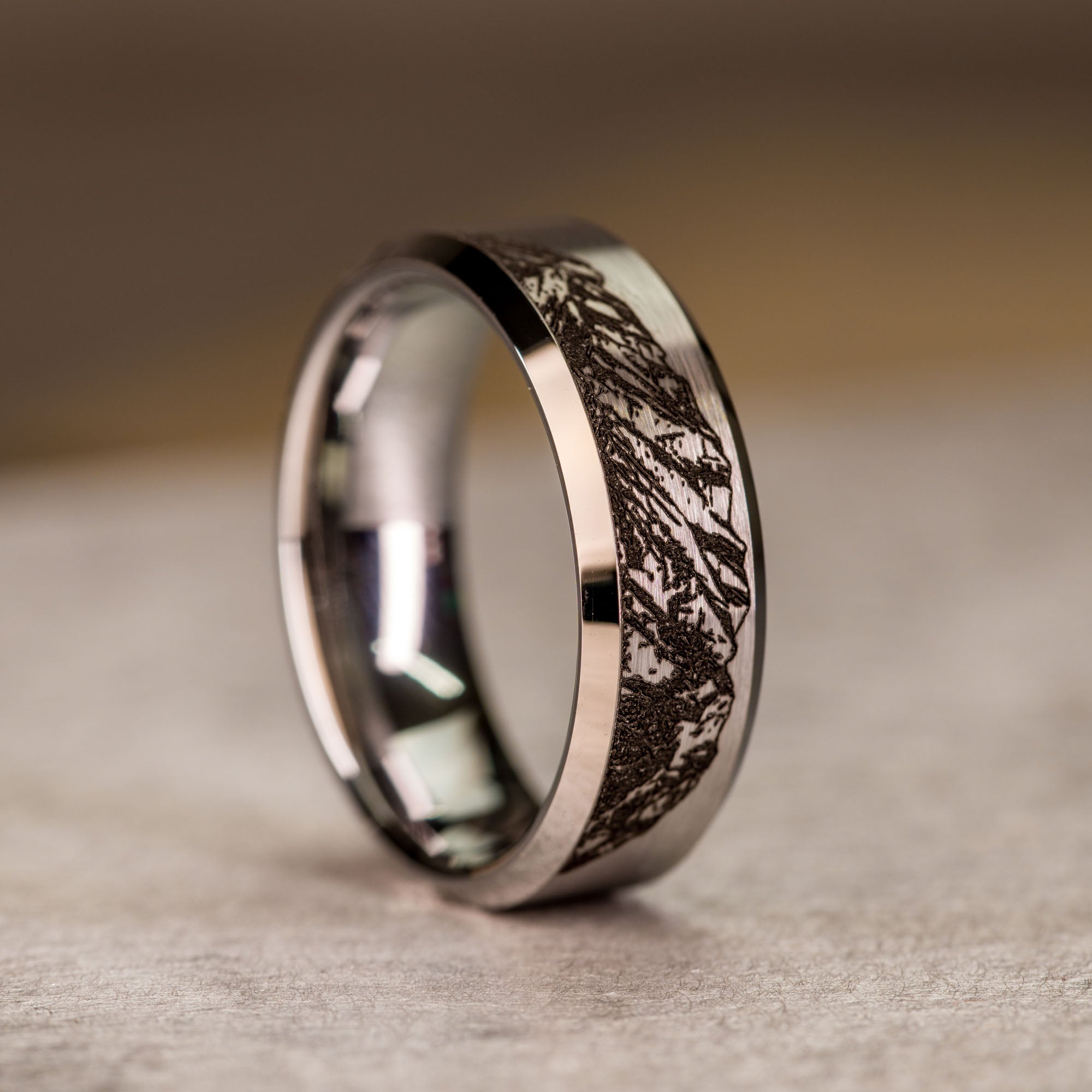 Beveled Tungsten Engraved Mount Timpanogos Ring