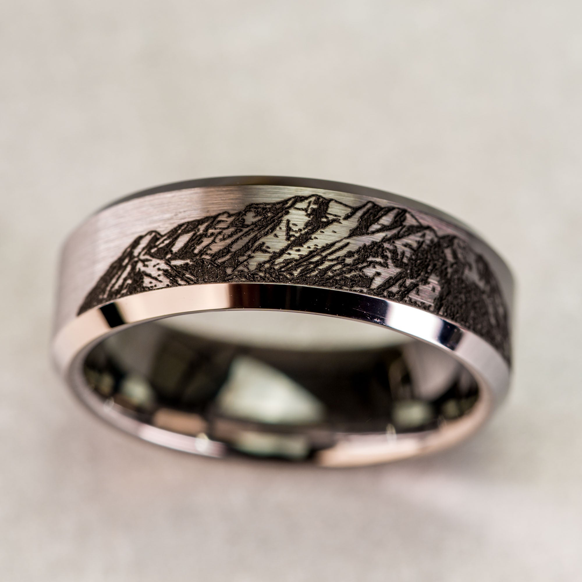 Beveled Tungsten Engraved Mount Timpanogos Ring