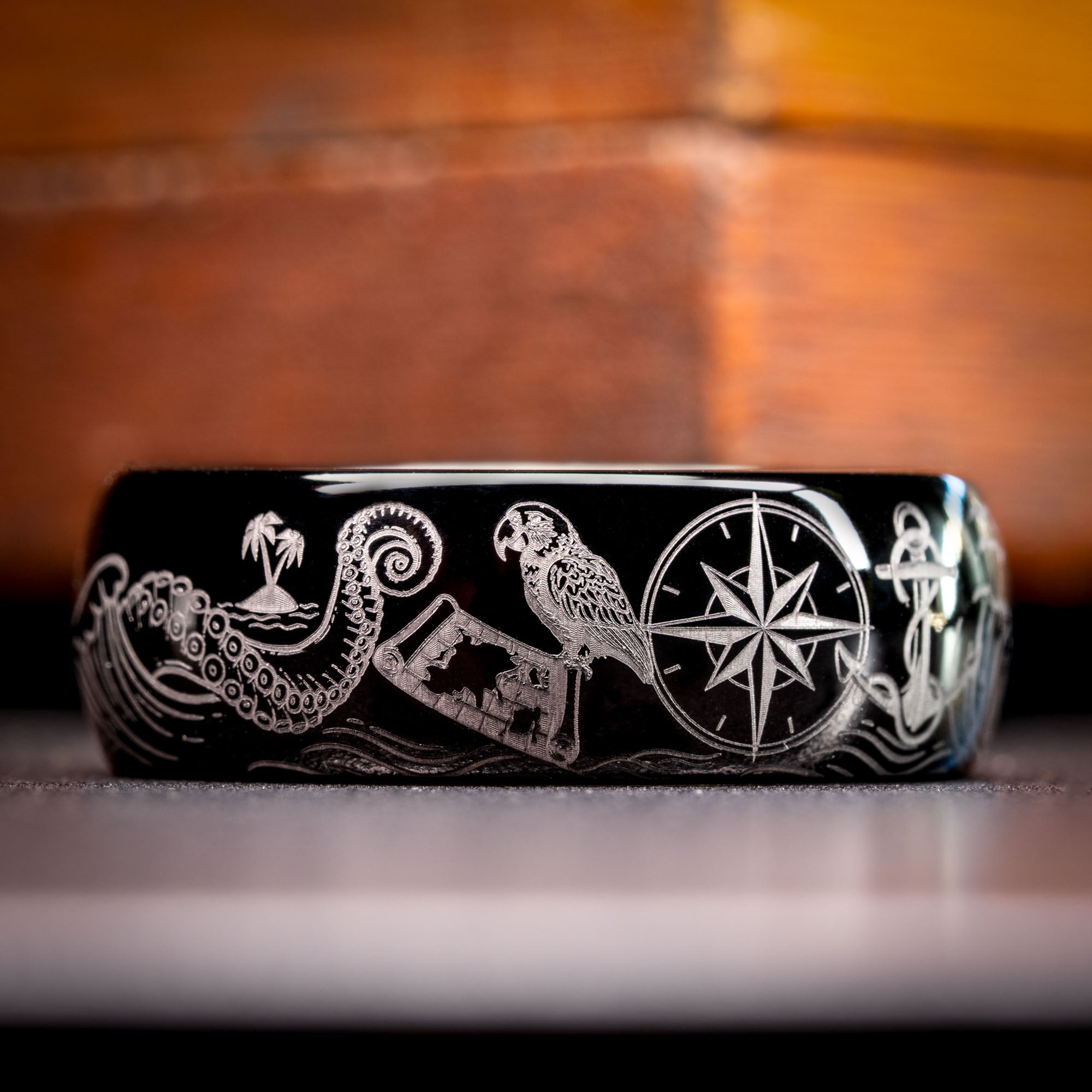 Black Domed Tungsten Engraved High Seas Adventure Ring