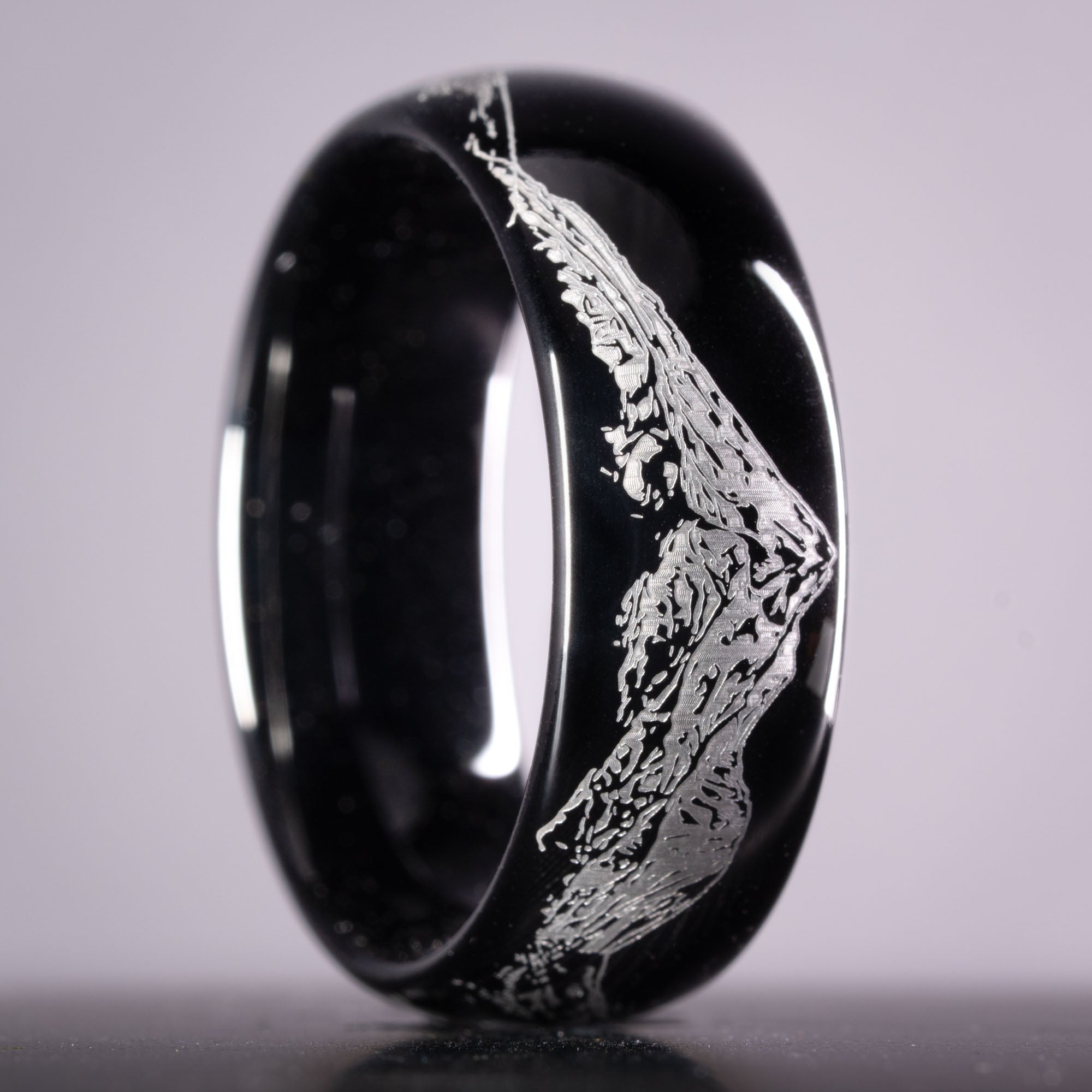 Black Domed Tungsten Engraved Cascade Range | Pacific Northwest Mountain Ring
