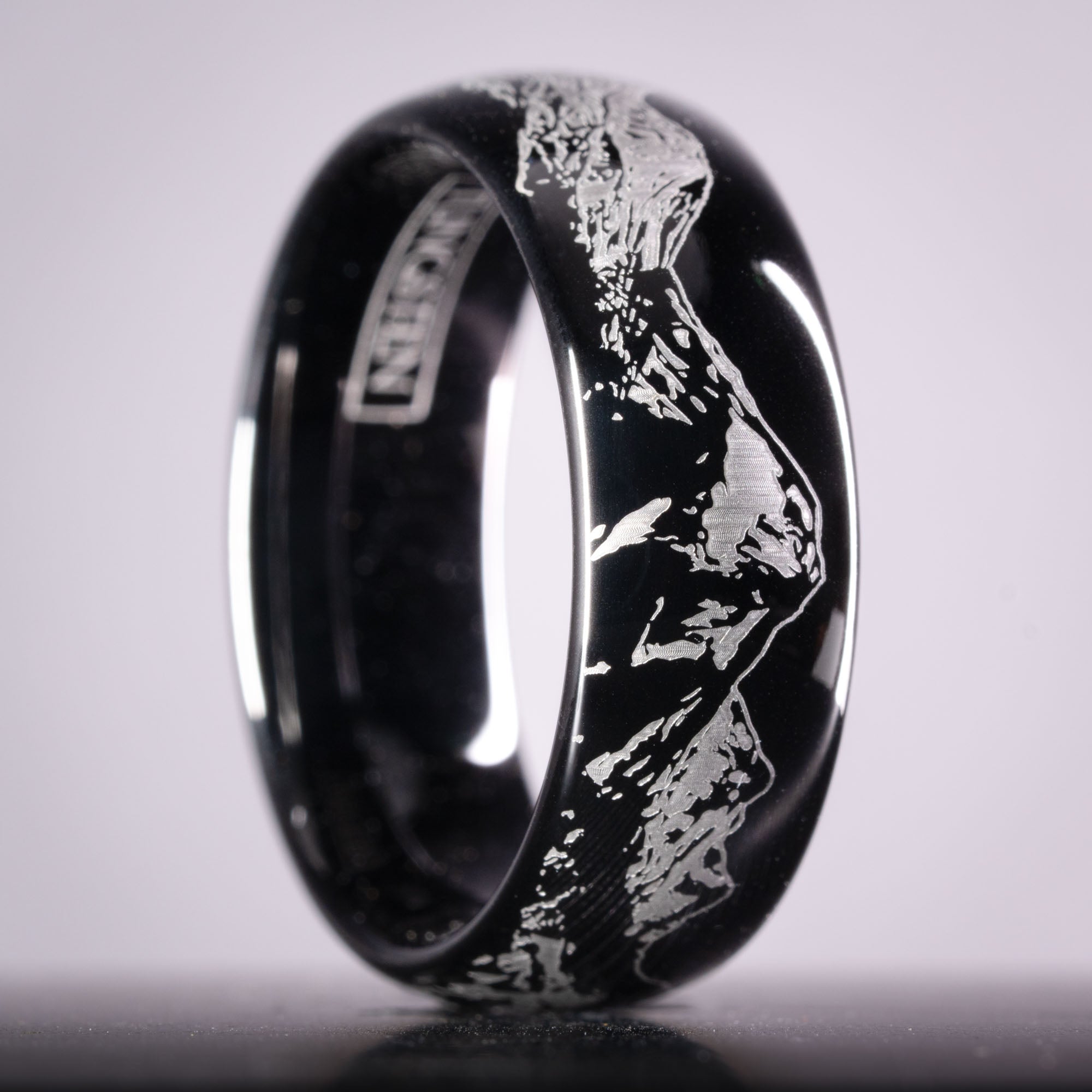 Black Domed Tungsten Engraved Cascade Range | Pacific Northwest Mountain Ring