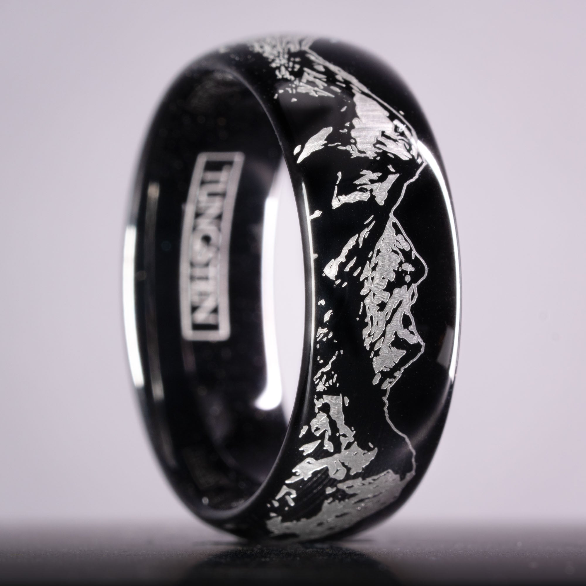 Black Domed Tungsten Engraved Cascade Range | Pacific Northwest Mountain Ring