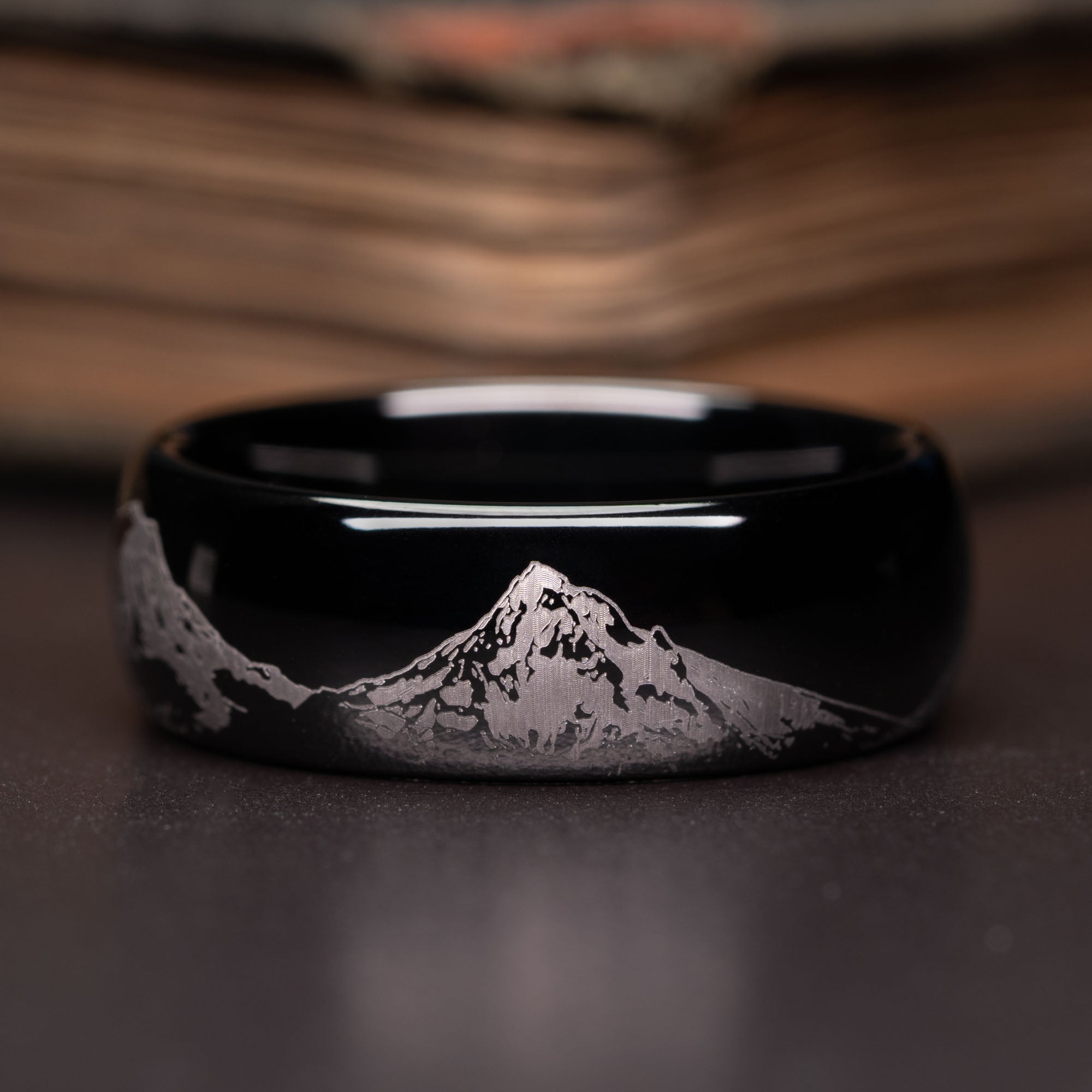 Black Domed Tungsten Engraved Cascade Range | Pacific Northwest Mountain Ring