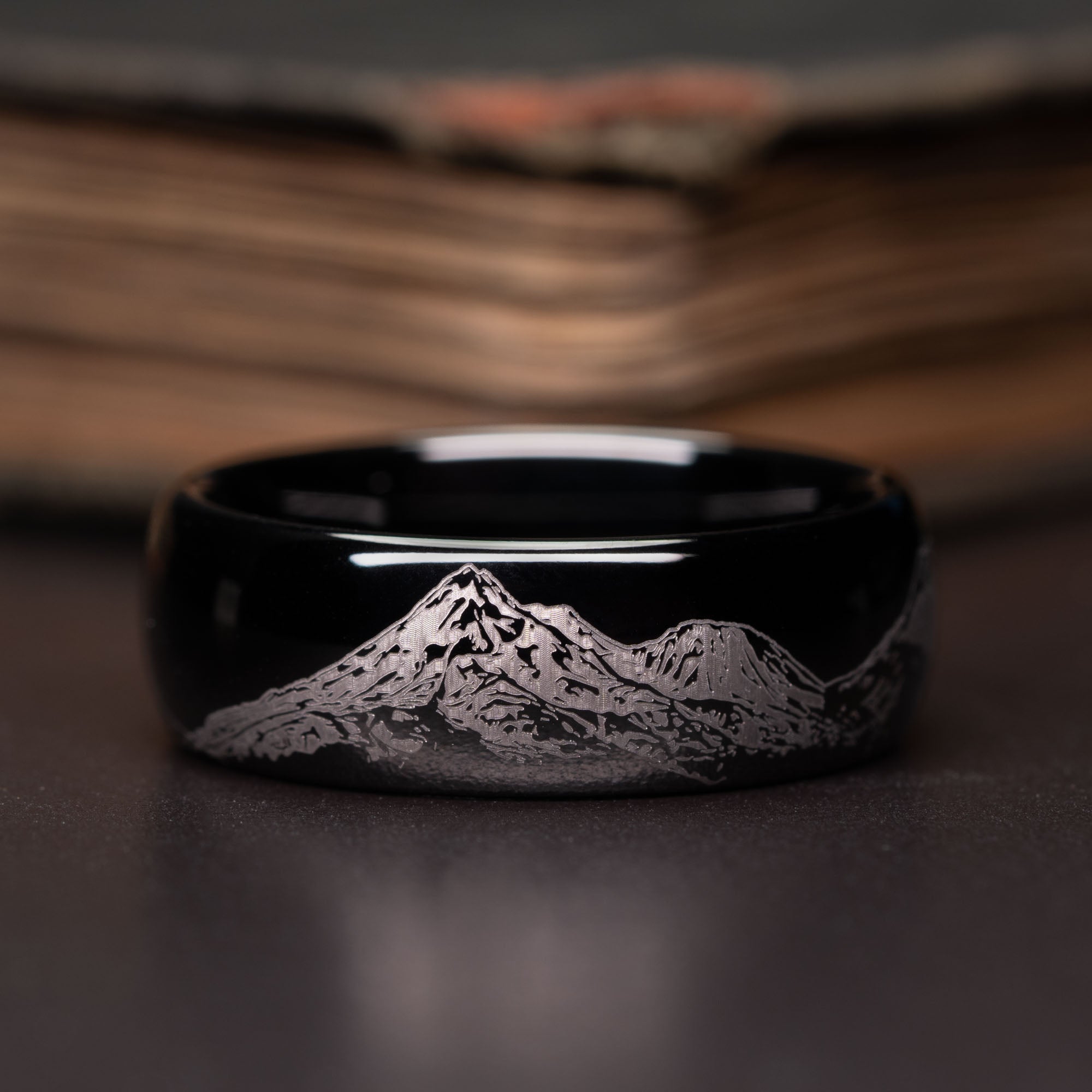 Black Domed Tungsten Engraved Cascade Range | Pacific Northwest Mountain Ring