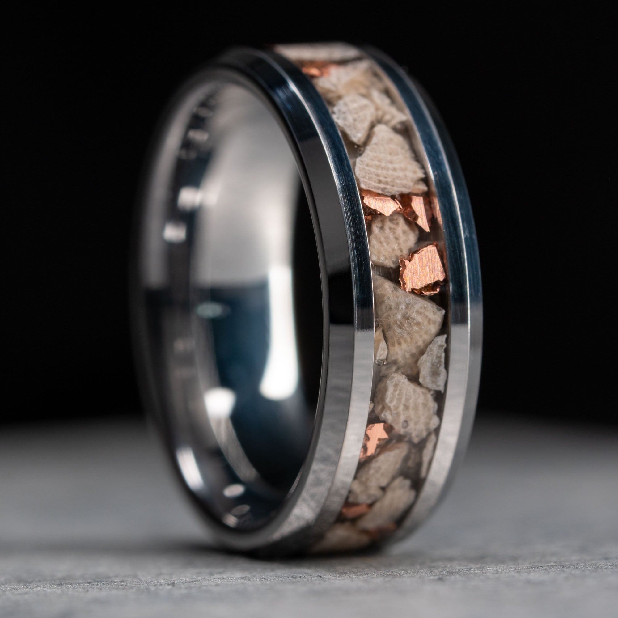 Beveled Tungsten Petoskey Stone & Keweenaw Copper Inlay Ring