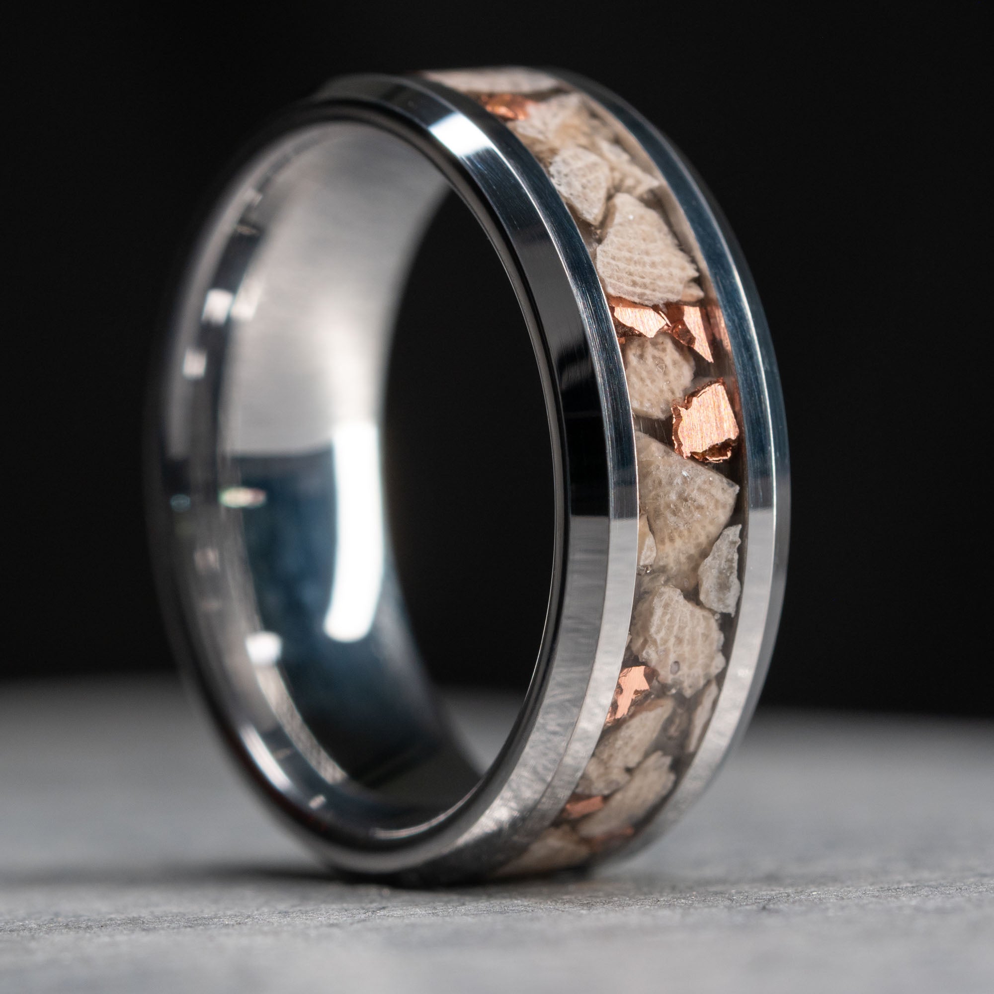 Beveled Tungsten Petoskey Stone & Keweenaw Copper Inlay Ring